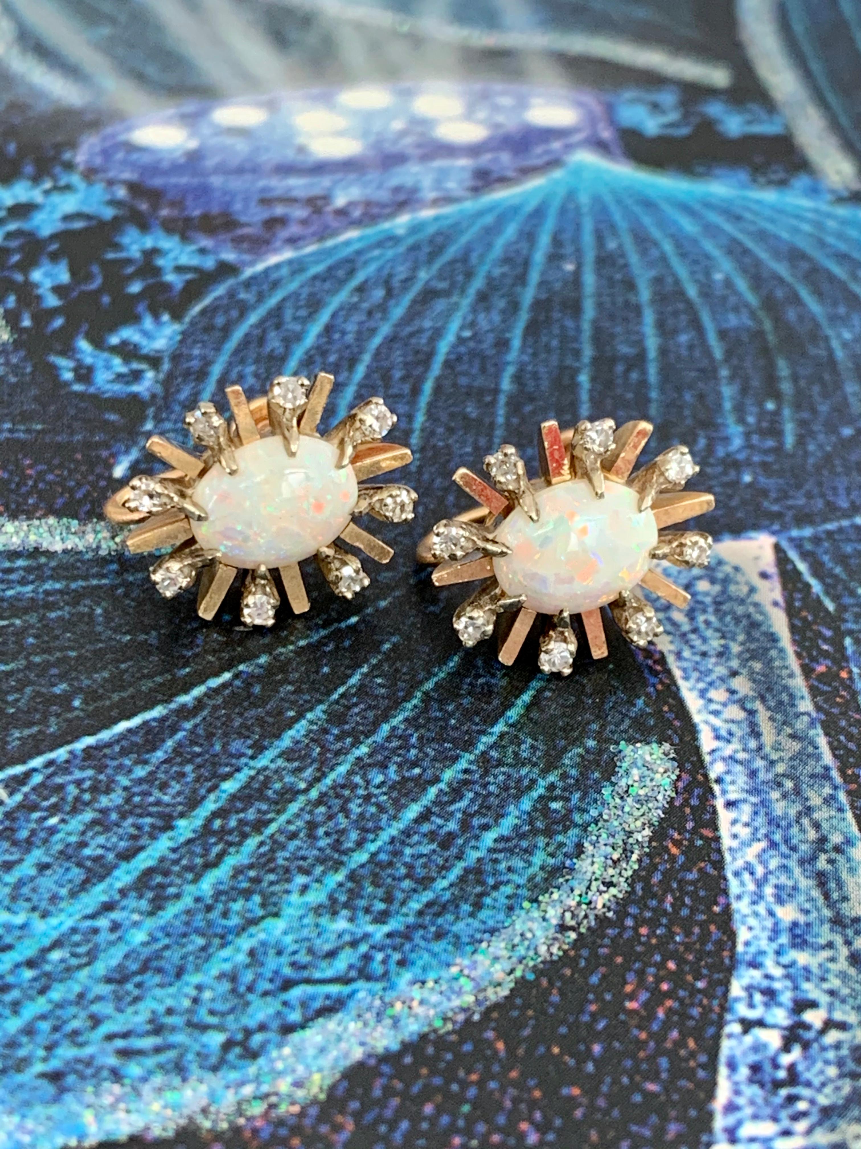 Vintage Australian Opal and Diamond 14 Karat Yellow Gold Screw Back Earrings In Good Condition For Sale In St. Louis Park, MN