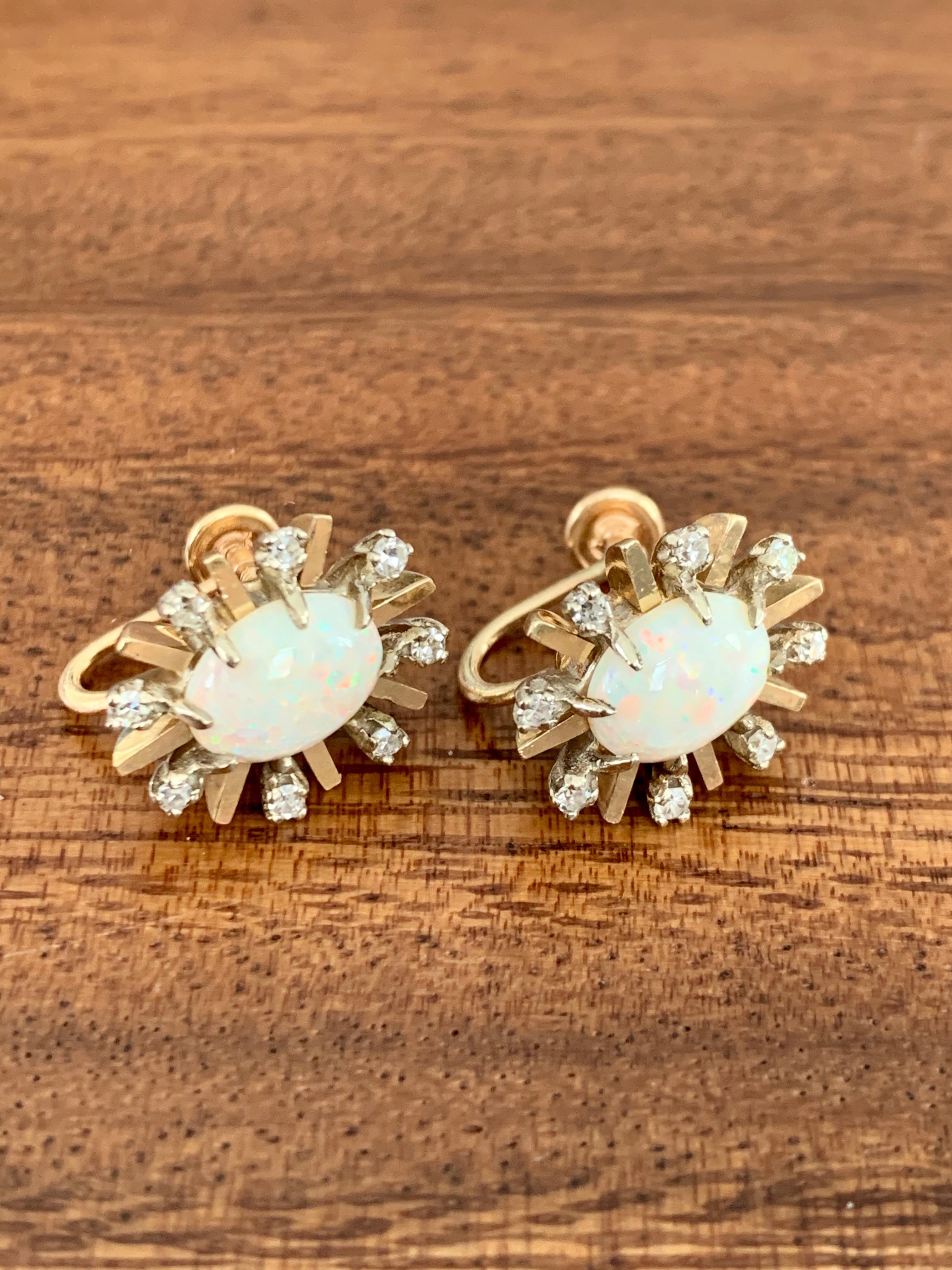Women's or Men's Vintage Australian Opal and Diamond 14 Karat Yellow Gold Screw Back Earrings For Sale