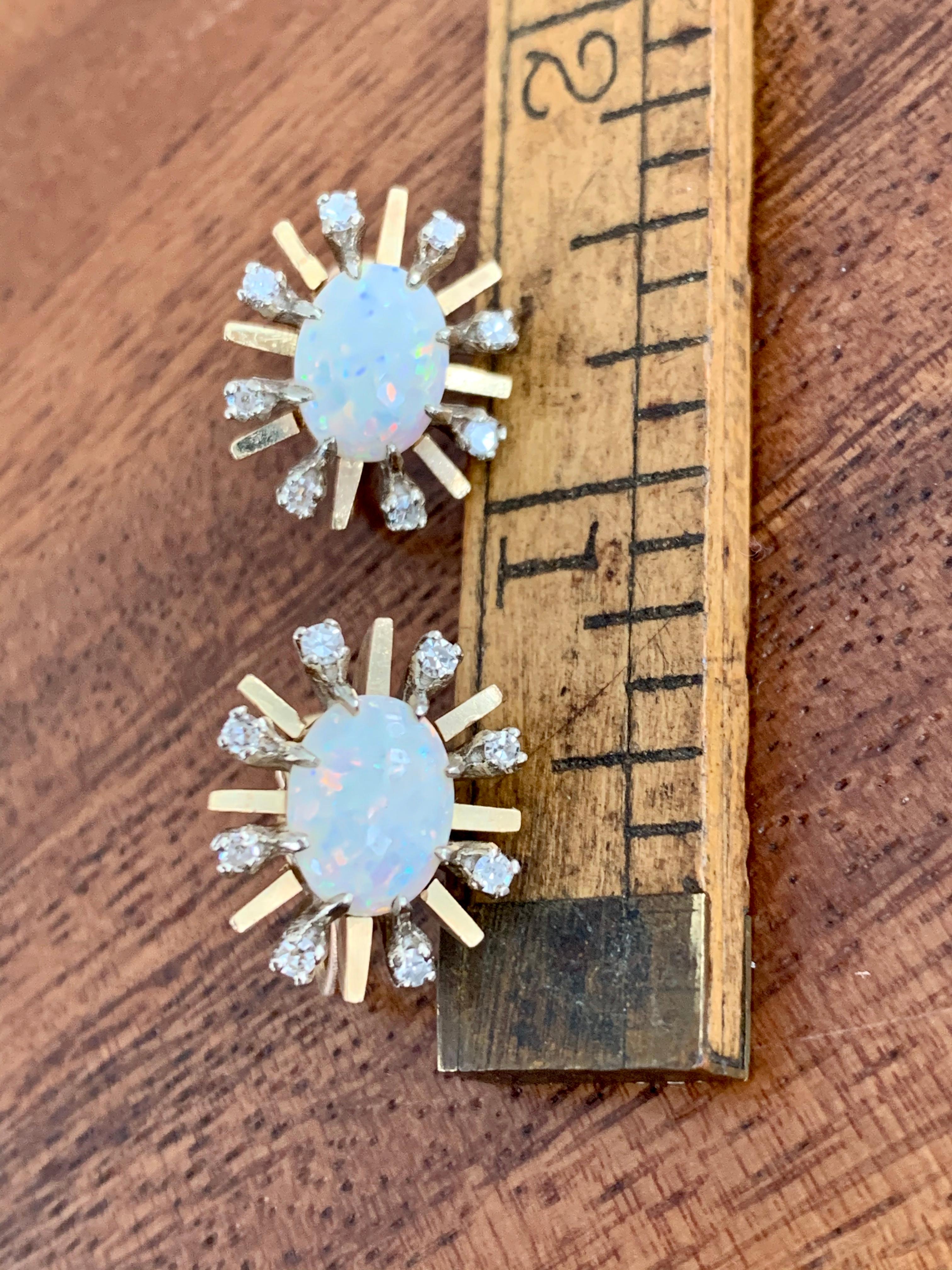 Vintage Australian Opal and Diamond 14 Karat Yellow Gold Screw Back Earrings For Sale 1