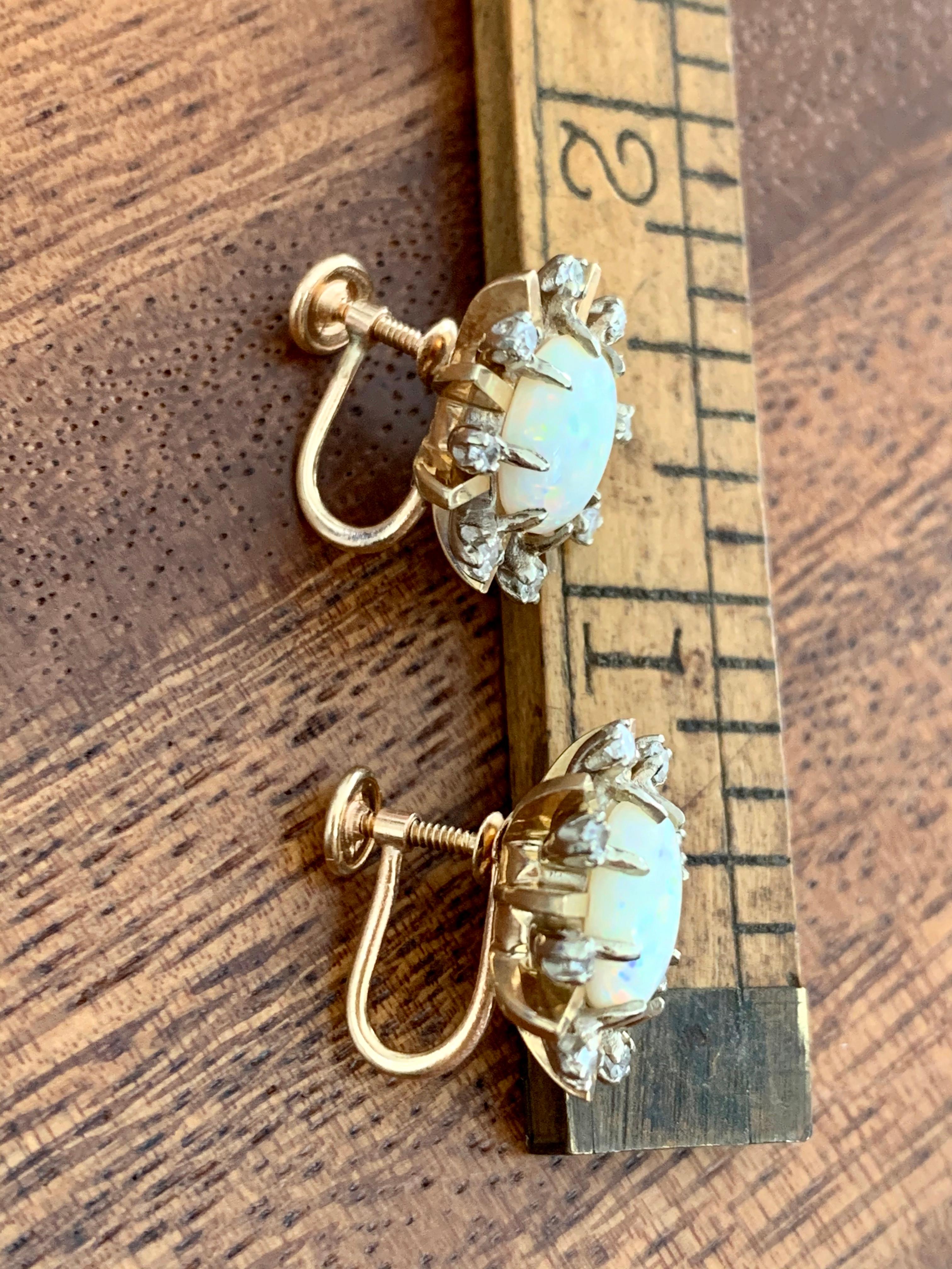 Vintage Australian Opal and Diamond 14 Karat Yellow Gold Screw Back Earrings For Sale 2