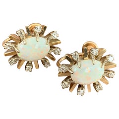 Vintage Australian Opal and Diamond 14 Karat Yellow Gold Screw Back Earrings