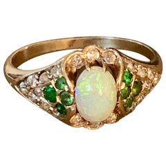 Vintage Australian Opal, Demantoid Garnet & Diamond 14 Karat Yellow Gold Ring-8