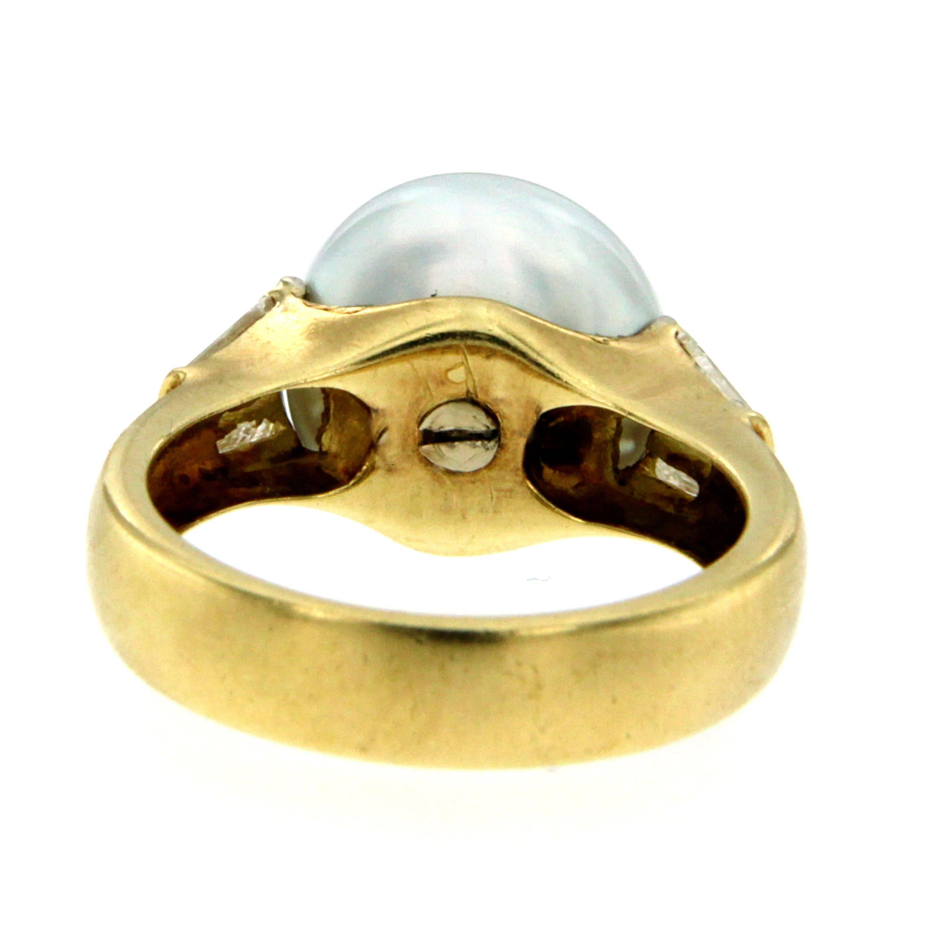 Baguette Cut Vintage Australian Pearl Diamond Yellow Gold Ring