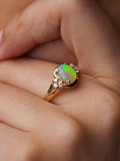 Vintage Australian Solid Crystal Opal Diamond 18k Gold Ring Bright Green Blue