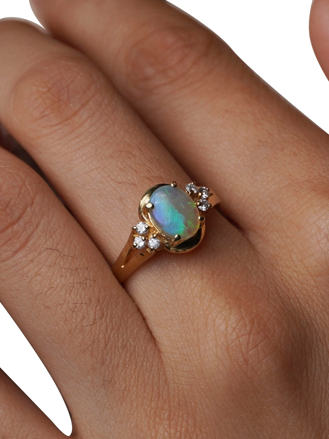 Vintage Australian Solid Crystal Opal Diamond 18k Gold Ring Bright Green Blue For Sale