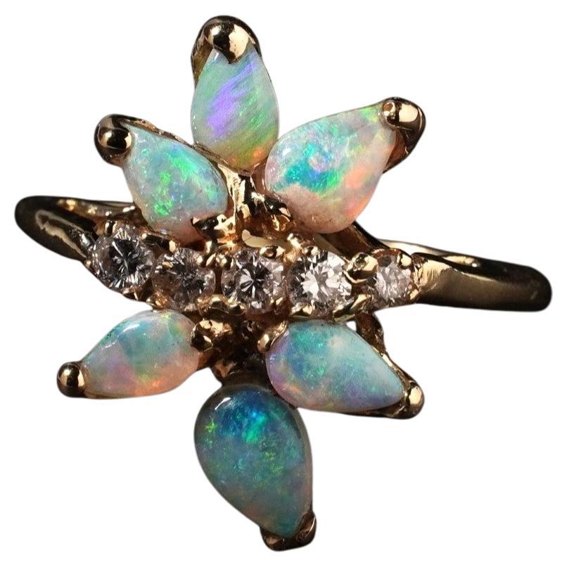 Vintage Australian Solid Crystal Opal Diamond Flower Cluster Ring in 10K Gold