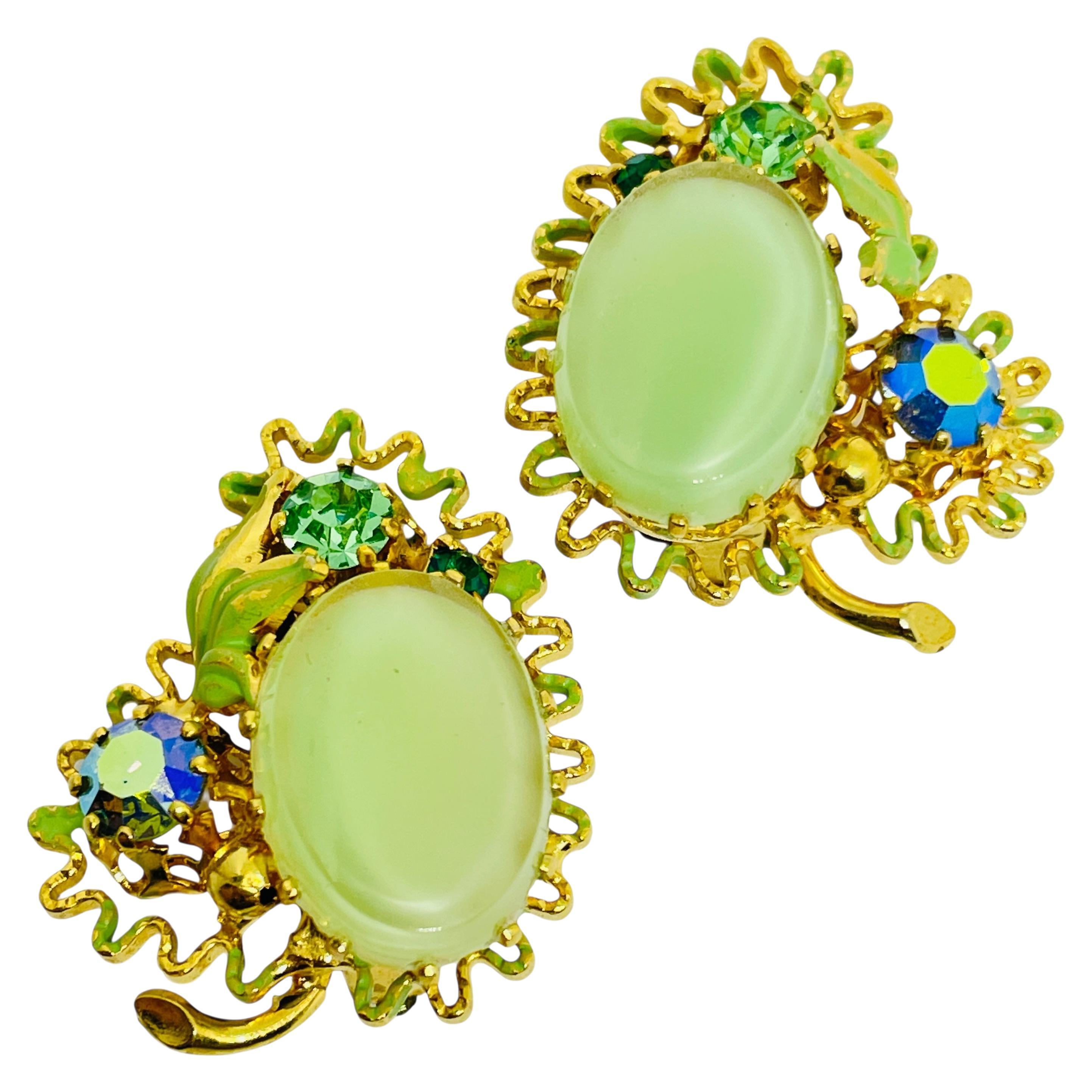 Vintage AUSTRIA gold tone enamel green glass designer clip on earrings