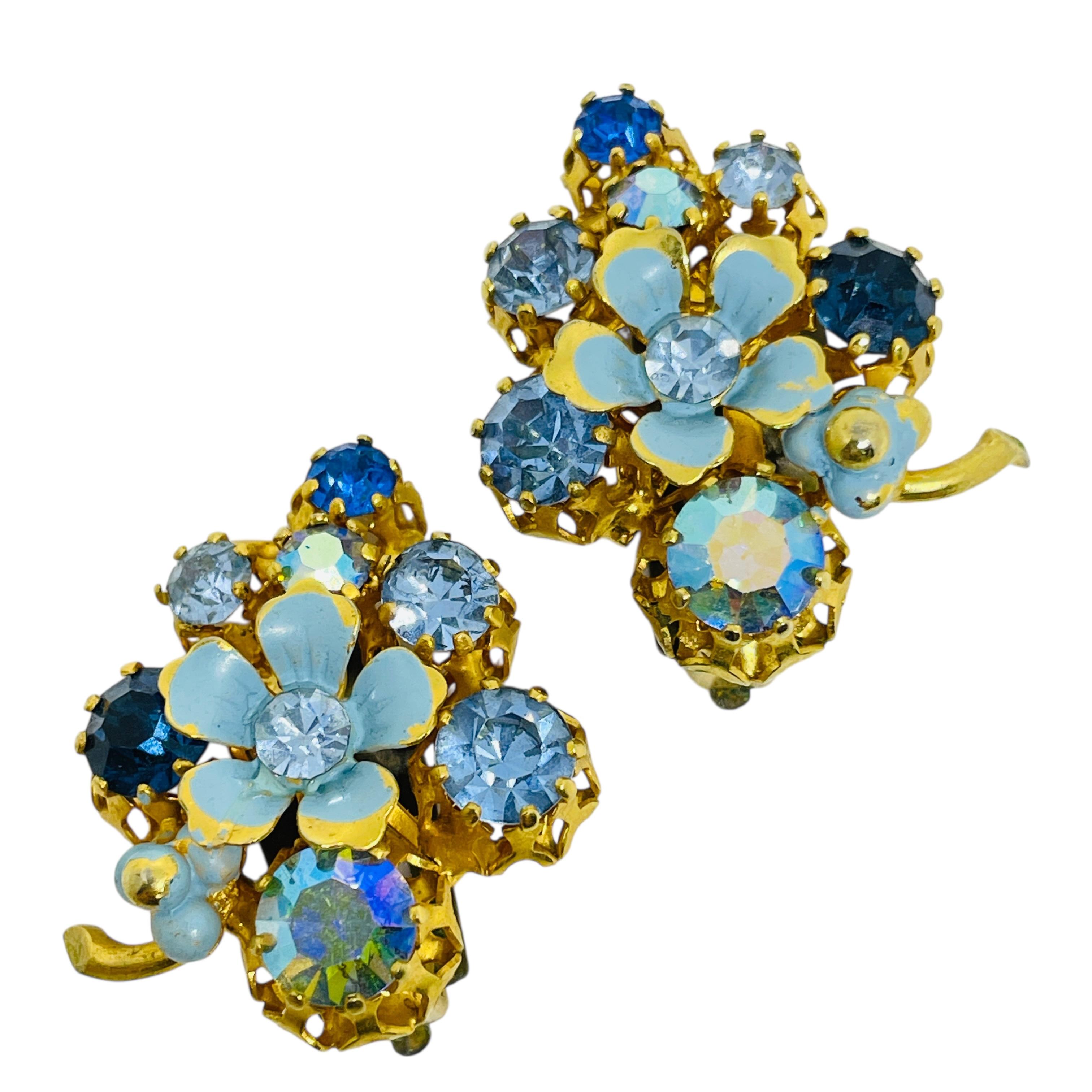 Vintage AUSTRIA Gold Ton Emaille Strass Blume Designer Clip auf Ohrringe im Angebot 2