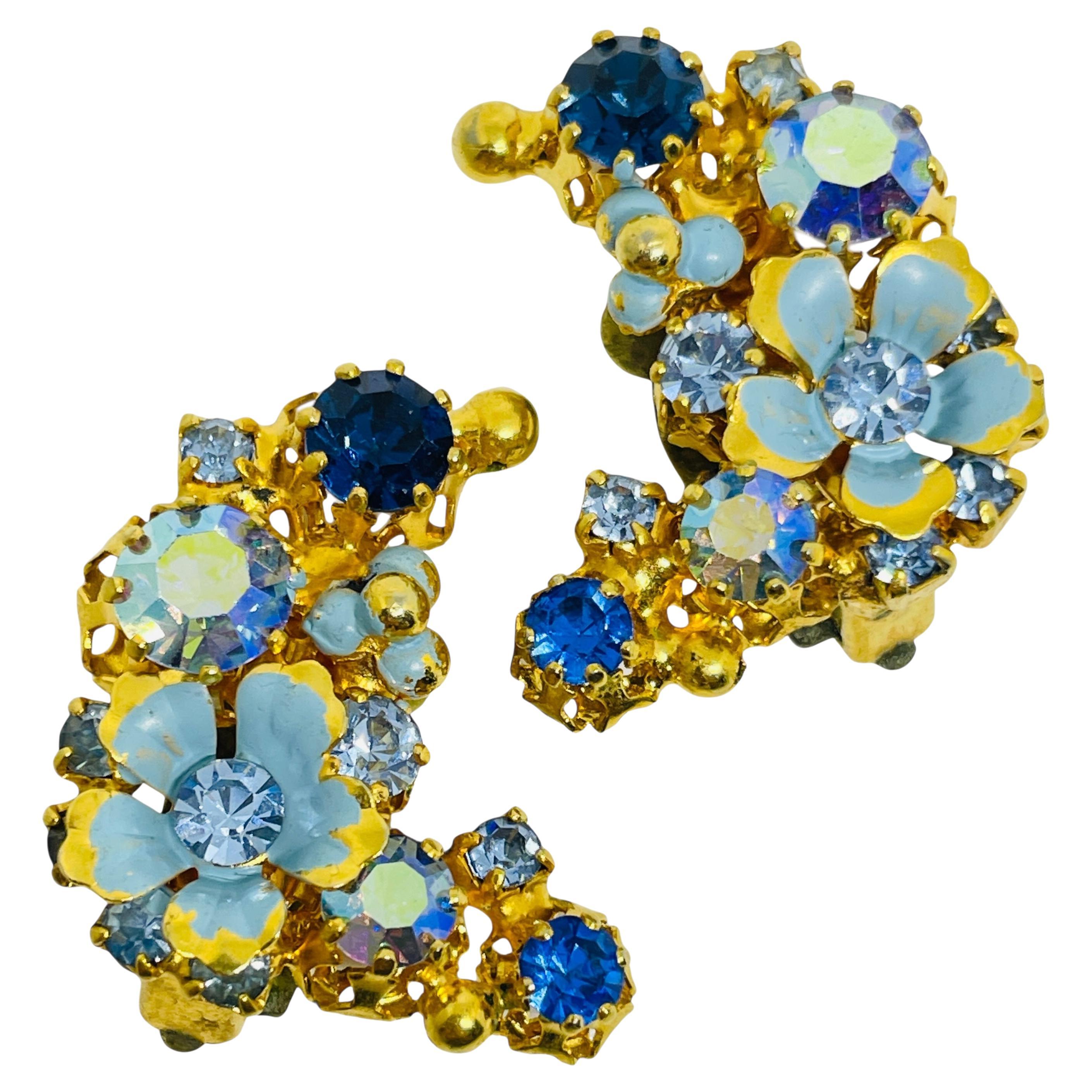 Vintage AUSTRIA gold tone enamel rhinestone flower designer clip on earrings