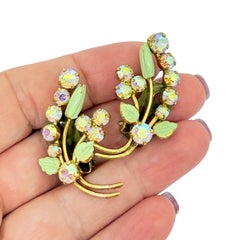 Vintage AUSTRIA gold tone green enamel rhinestone  designer clip on earrings
