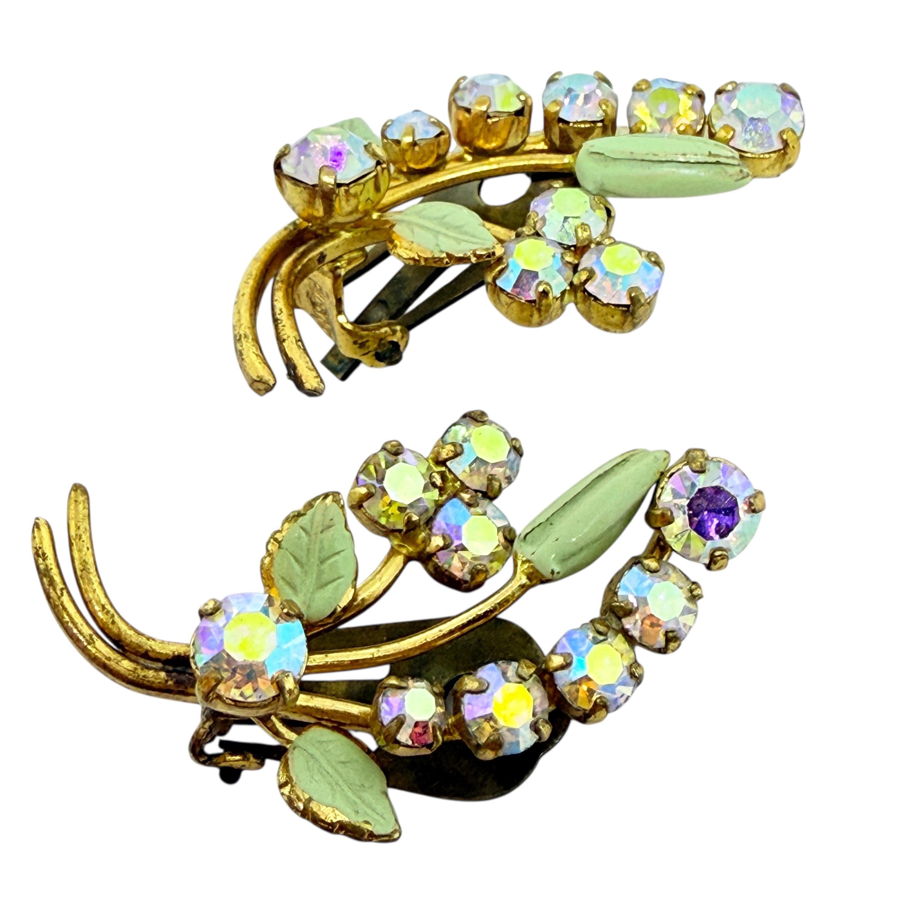 da uomo o donna Strass d'epoca AUSTRIA in tonalità oro e smalto verde  orecchini a clip di design in vendita