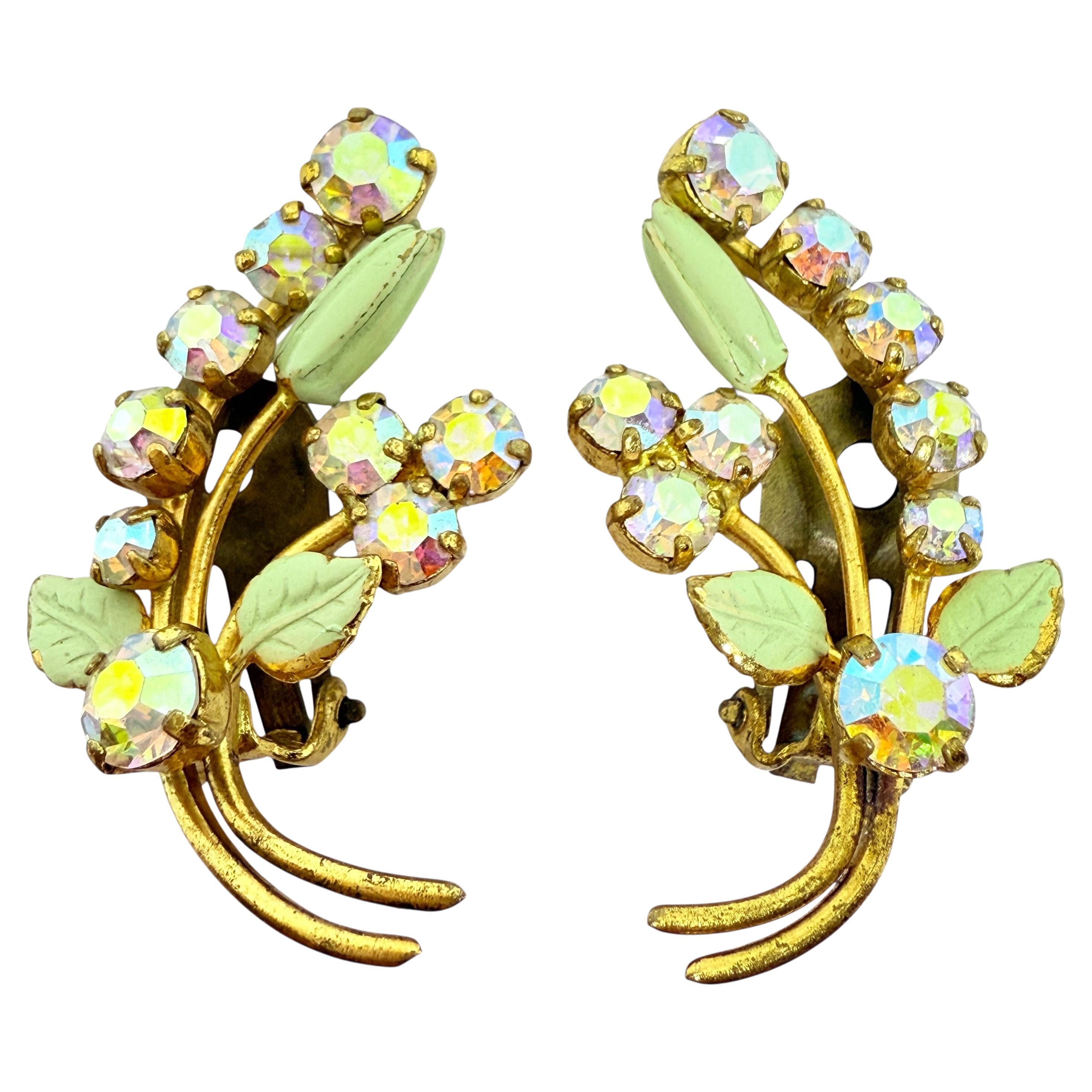 Strass d
epoca AUSTRIA in tonalità oro e smalto verde  orecchini a clip di design