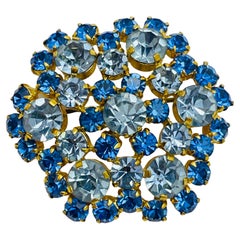 Vintage AUSTRIA signed gold blue rhinestone designer brooch