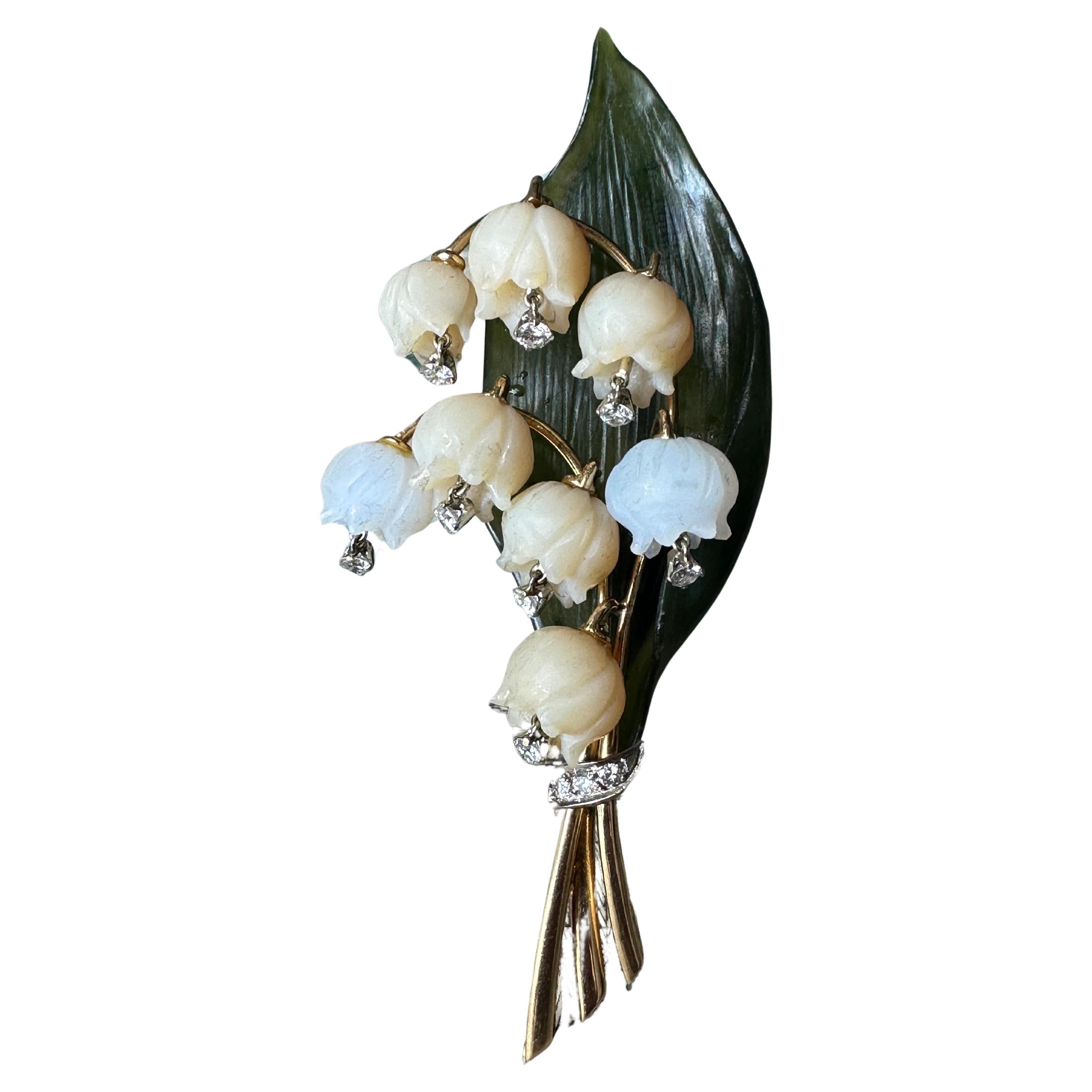 Lily of the Valley Nephrite Jade Rock Crystal Diamond Gold Brooch at ...