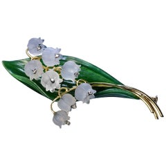 Retro Austrian Carved Rock Crystal Nephrite Jade Lily of the Valley Brooch