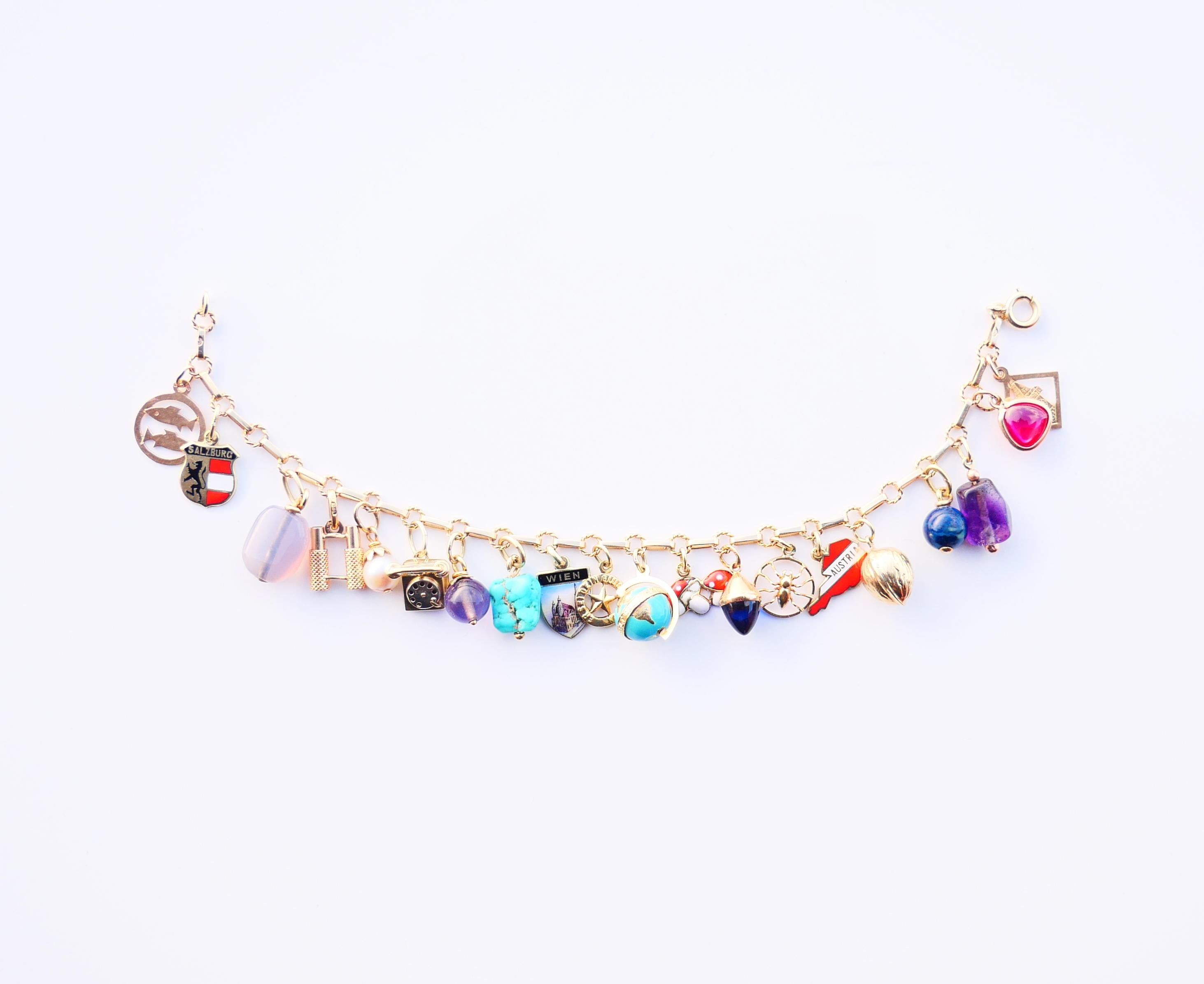 Österreichisches Vintage-Charm-Armband Massiv 14K/18K Gold 20 Charms / 19cm /23,5gr (Retro) im Angebot