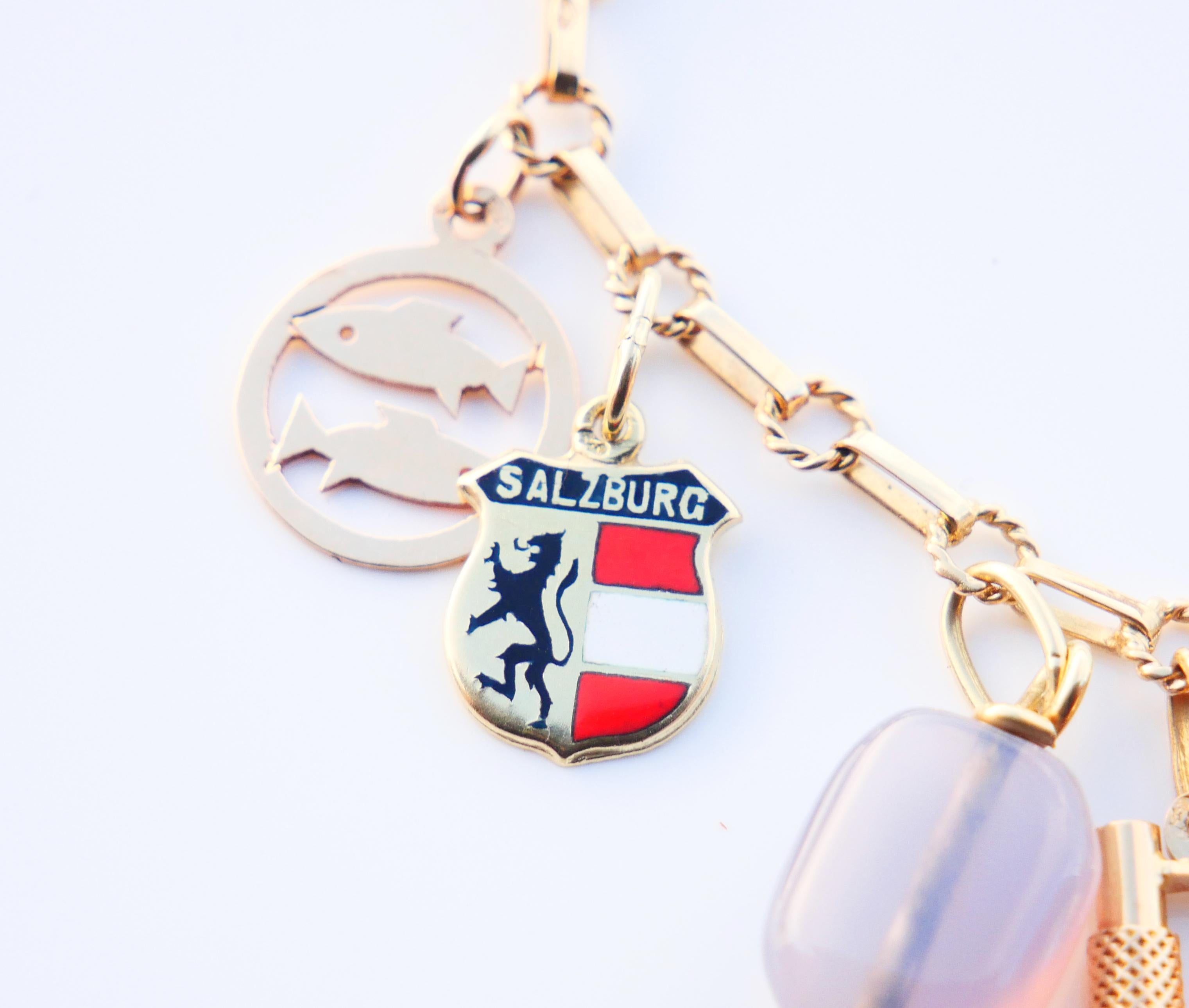 Österreichisches Vintage-Charm-Armband Massiv 14K/18K Gold 20 Charms / 19cm /23,5gr (Gemischter Schliff) im Angebot