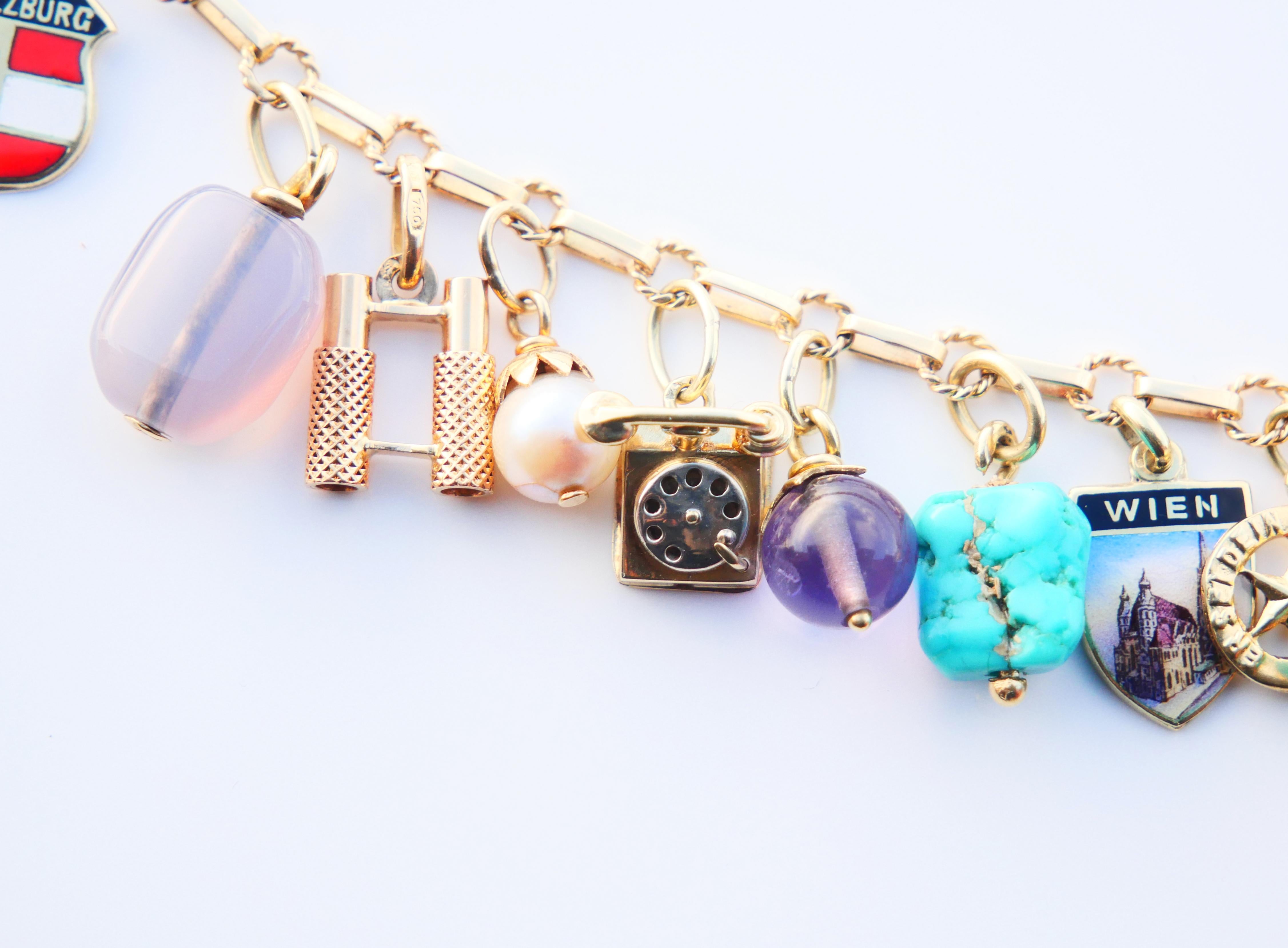 Österreichisches Vintage-Charm-Armband Massiv 14K/18K Gold 20 Charms / 19cm /23,5gr Damen im Angebot