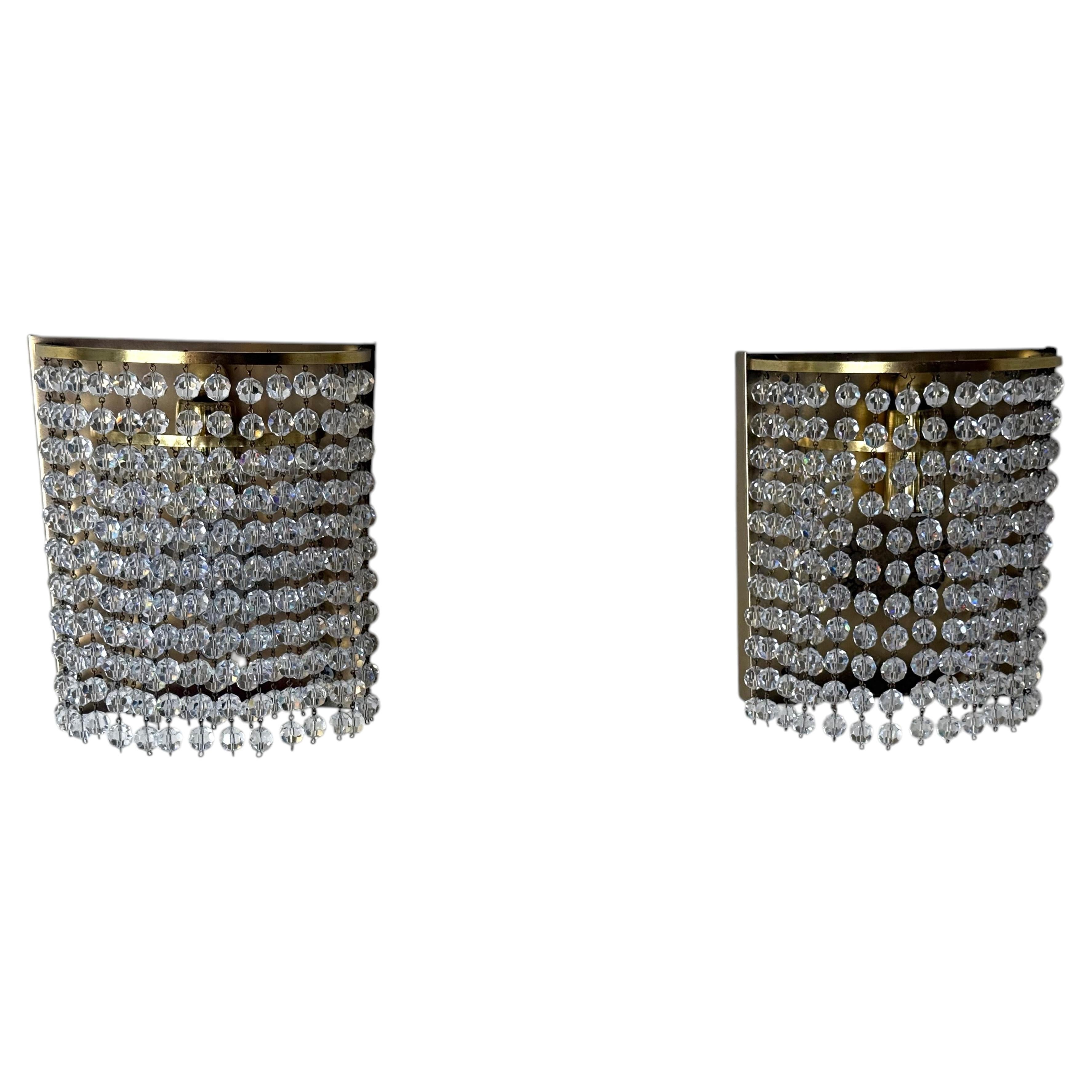 Vintage Austrian Crystal Bead Brass Wall Sconces, Pair, 1960s For Sale