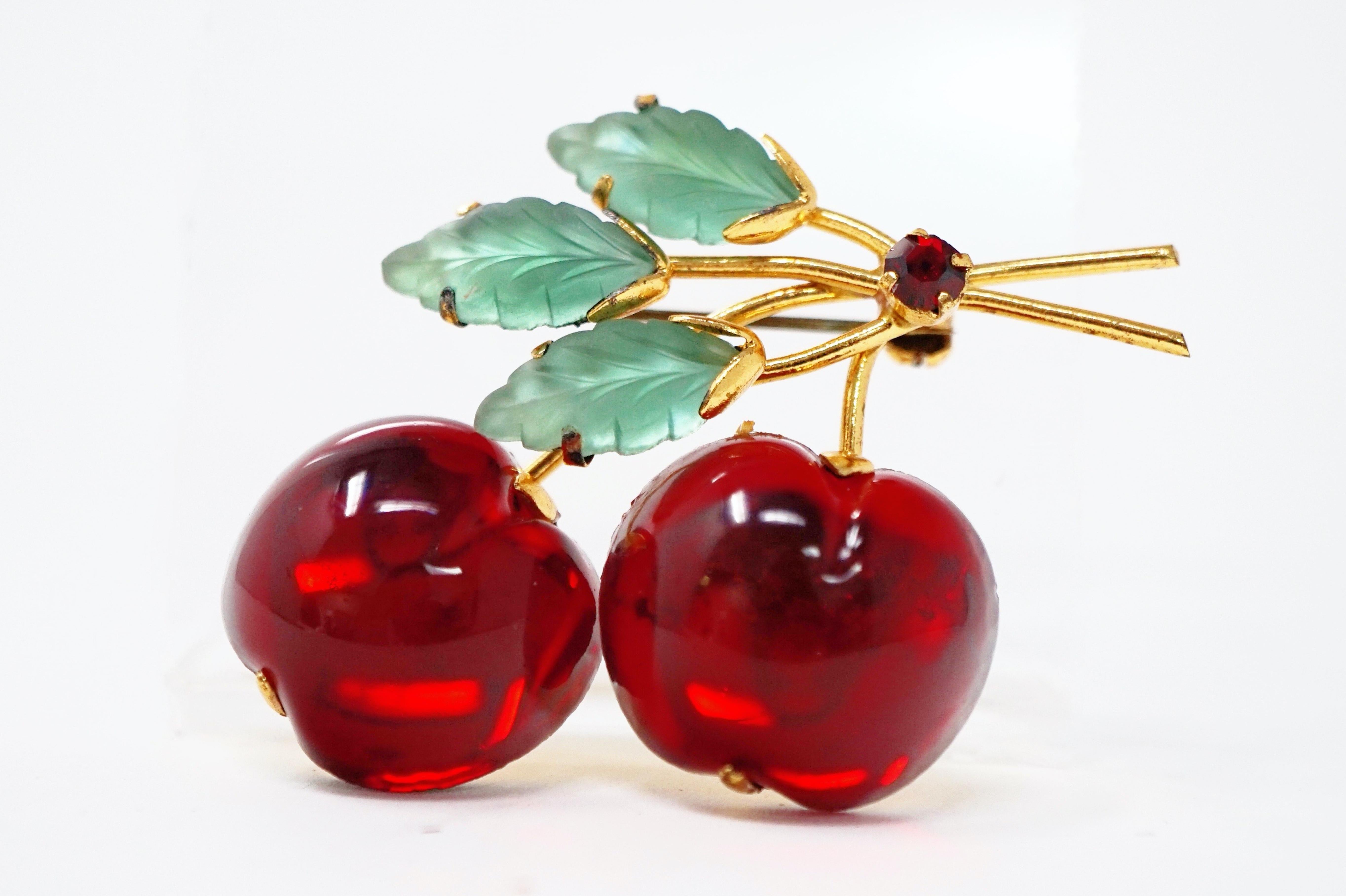 Adorable Gold and Red Double Cherries Fruit Shaped Rhinestone PinBrooch