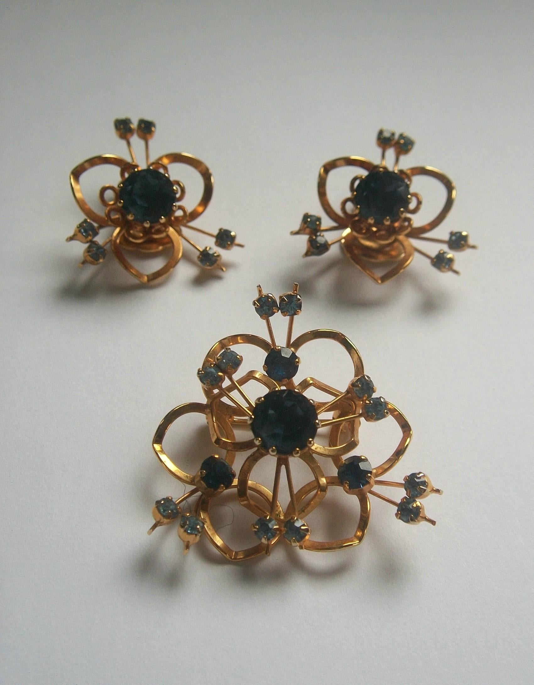 Vintage Austrian Crystal Topaz & Gold Tone Ear Clips & Brooch/Pin, circa 1950s In Good Condition For Sale In Chatham, CA