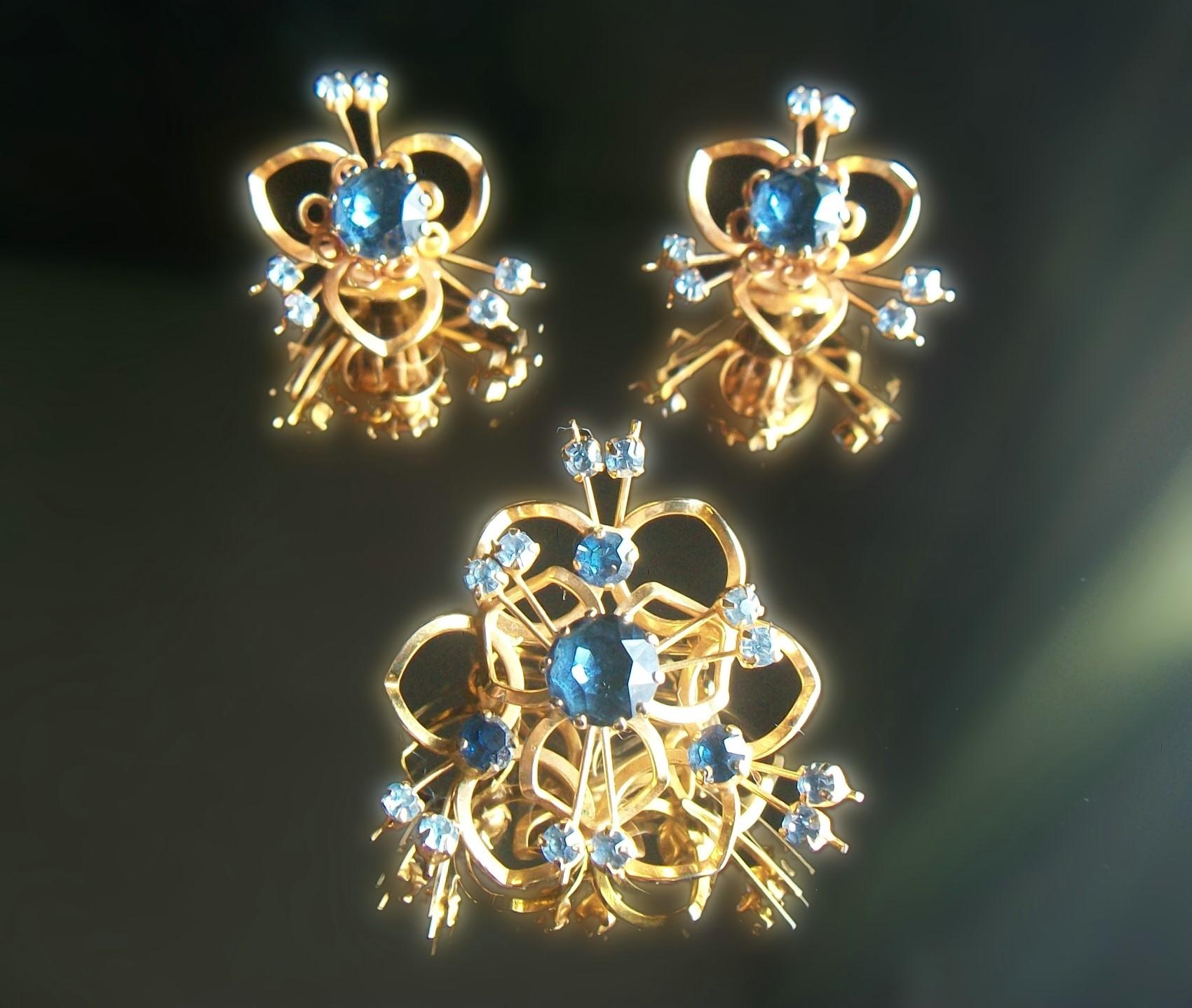 Vintage Austrian Crystal Topaz & Gold Tone Ear Clips & Brooch/Pin, circa 1950s For Sale 4