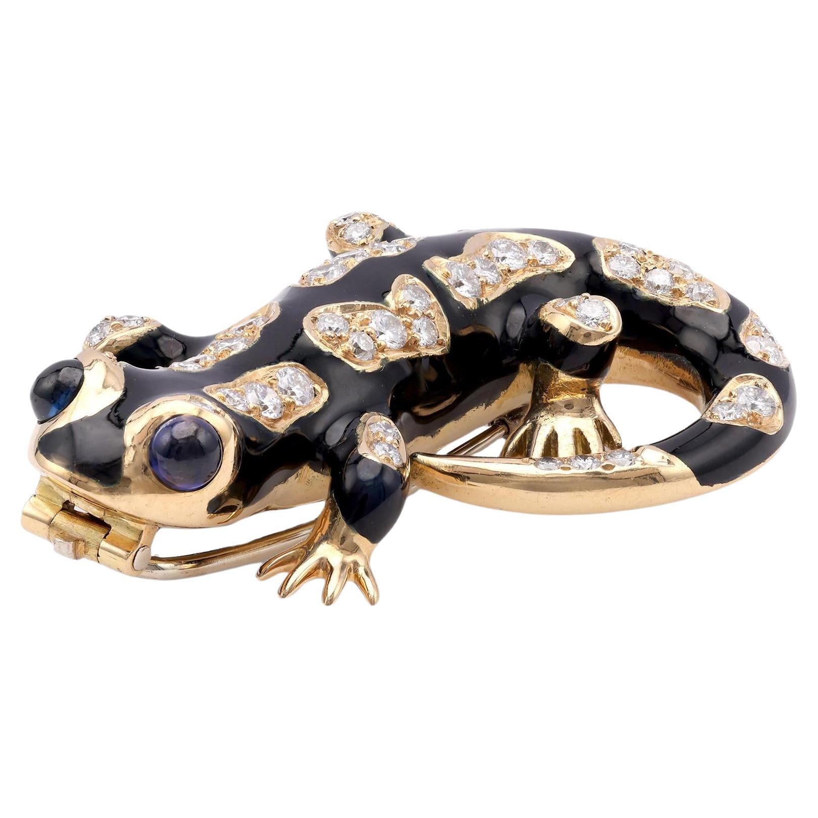 Österreichische Salamander-Brosche, Vintage, Diamant, Saphir, 18k Gelbgold, Emaille, Salamander