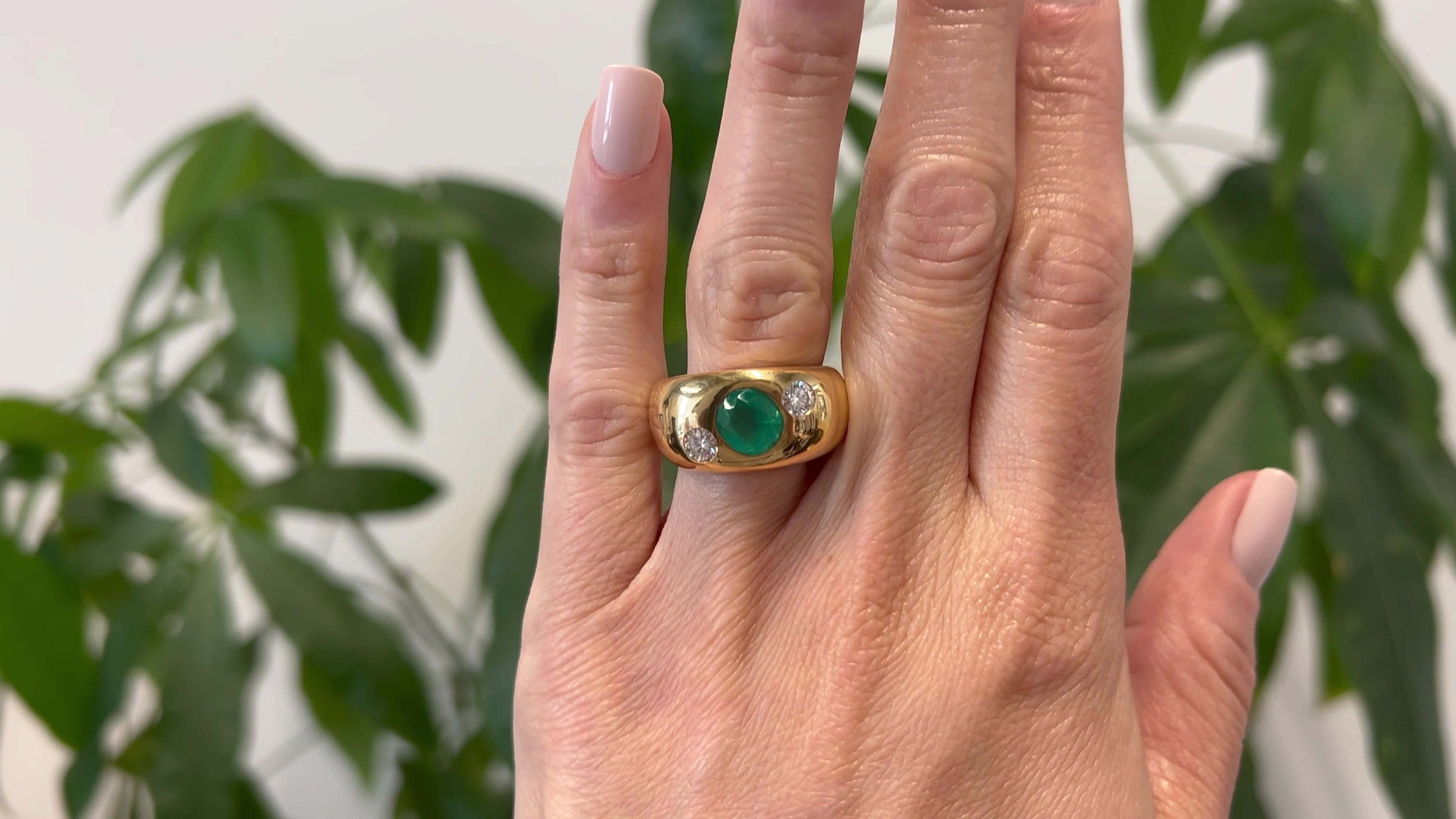 Cushion Cut Vintage Austrian Emerald and Diamond 18k Yellow Gold Three Stone Ring