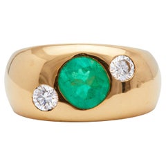 Vintage Austrian Emerald and Diamond 18k Yellow Gold Three Stone Ring