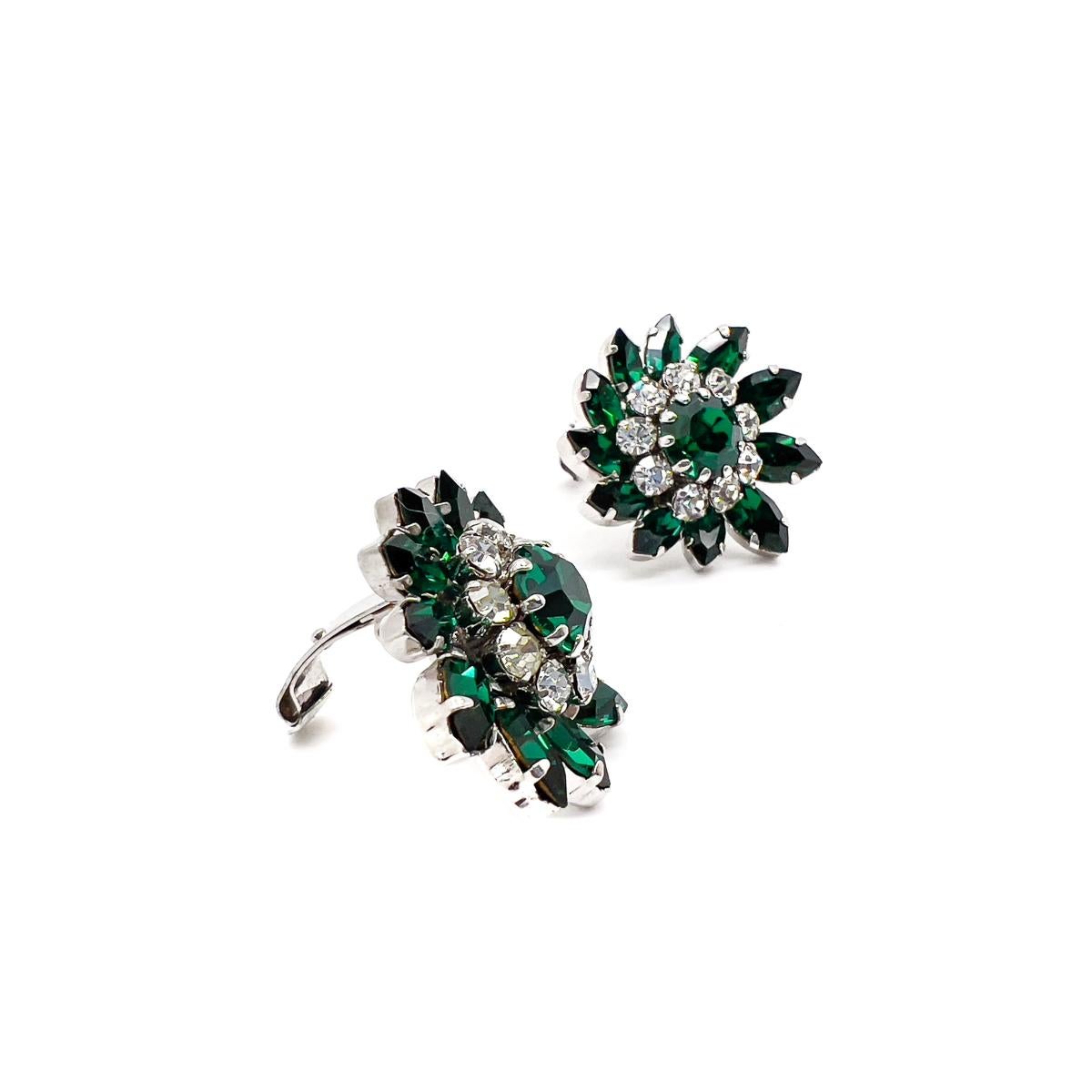 Women's Vintage Austrian Emerald Crystal Floral Earrings 1950s For Sale