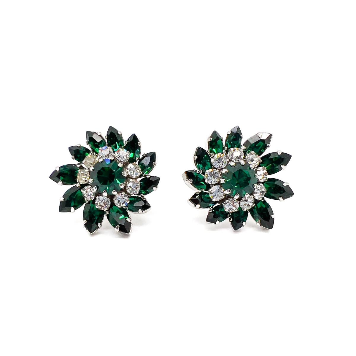 Vintage Austrian Emerald Crystal Floral Earrings 1950s In Good Condition For Sale In Wilmslow, GB