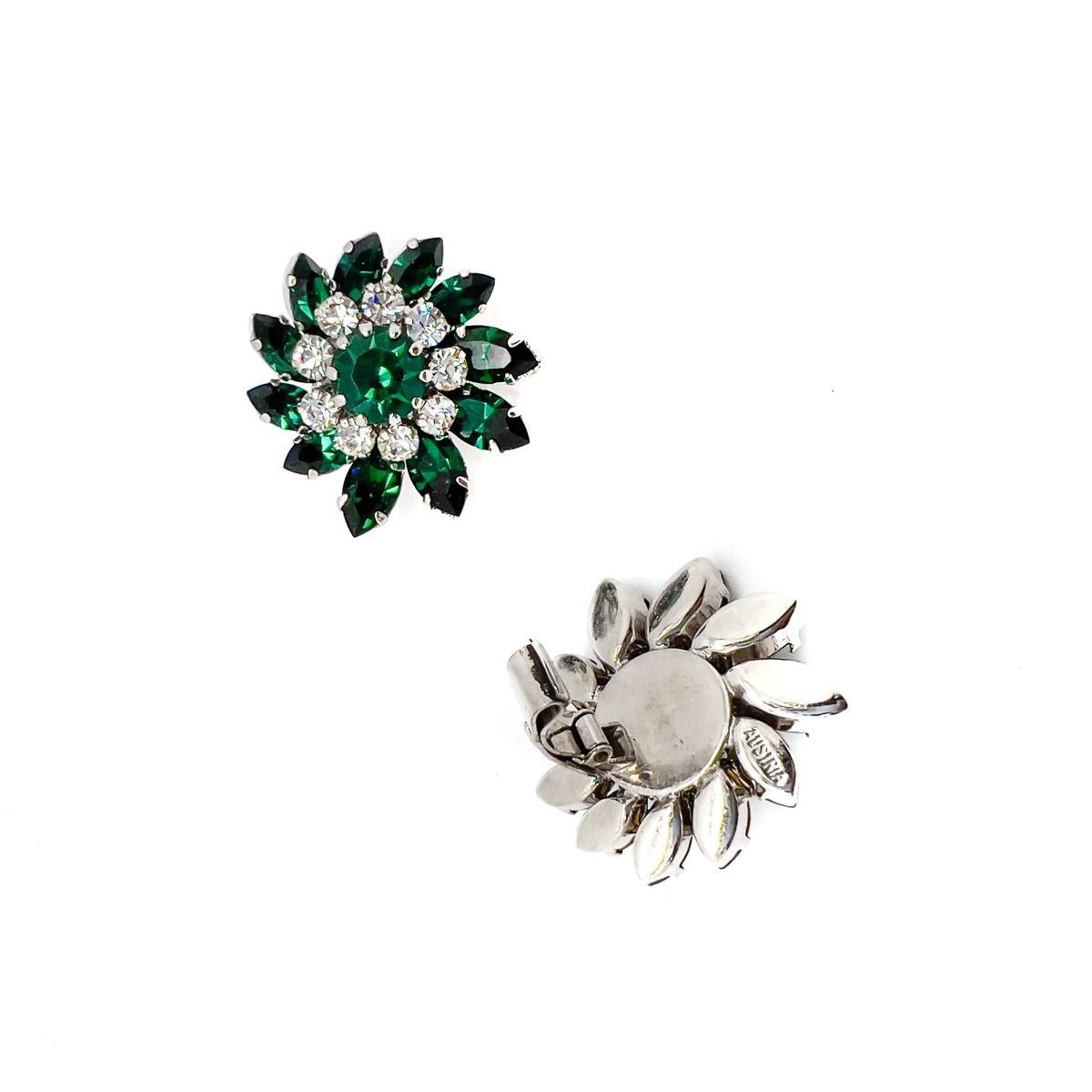 Vintage Austrian Emerald Crystal Floral Earrings 1950s For Sale 1