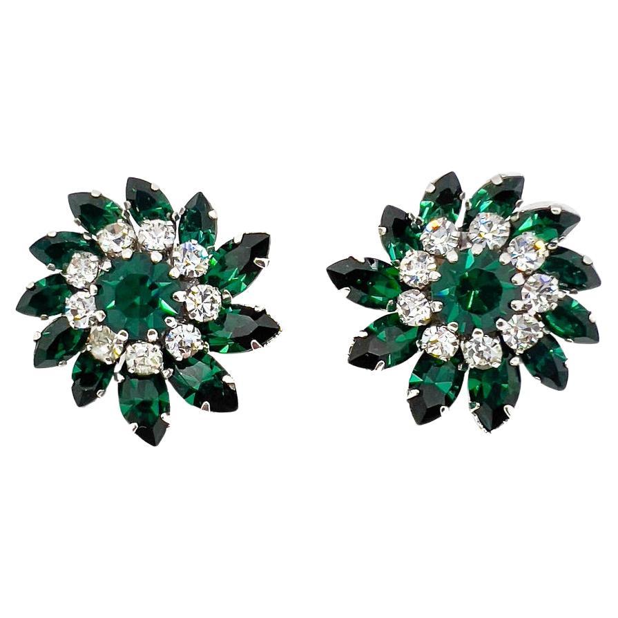 Vintage Austrian Emerald Crystal Floral Earrings 1950s For Sale