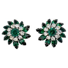 Retro Austrian Emerald Crystal Floral Earrings 1950s