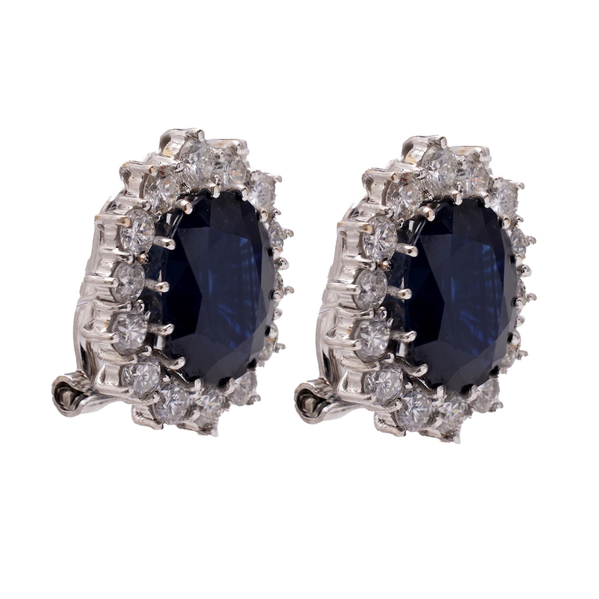 Women's or Men's Vintage Austrian GIA Thai Sapphire and Diamond 18k White Gold Cluster Ear Clips For Sale
