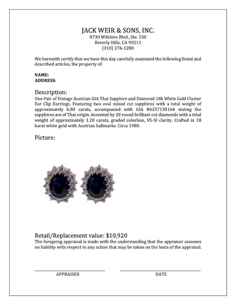 Vintage Austrian GIA Thai Sapphire and Diamond 18k White Gold Cluster Ear Clips For Sale 2