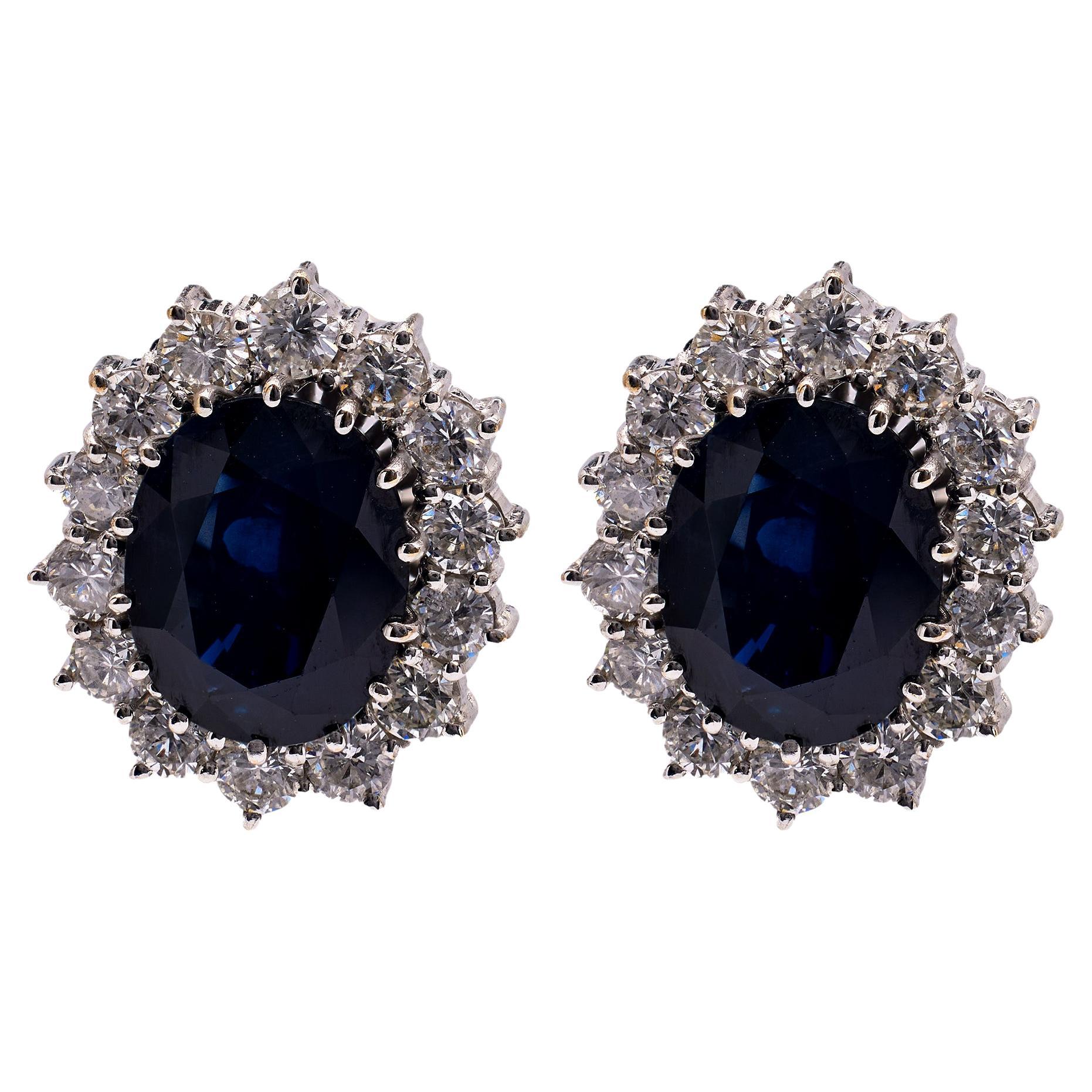 Vintage Austrian GIA Thai Sapphire and Diamond 18k White Gold Cluster Ear Clips For Sale