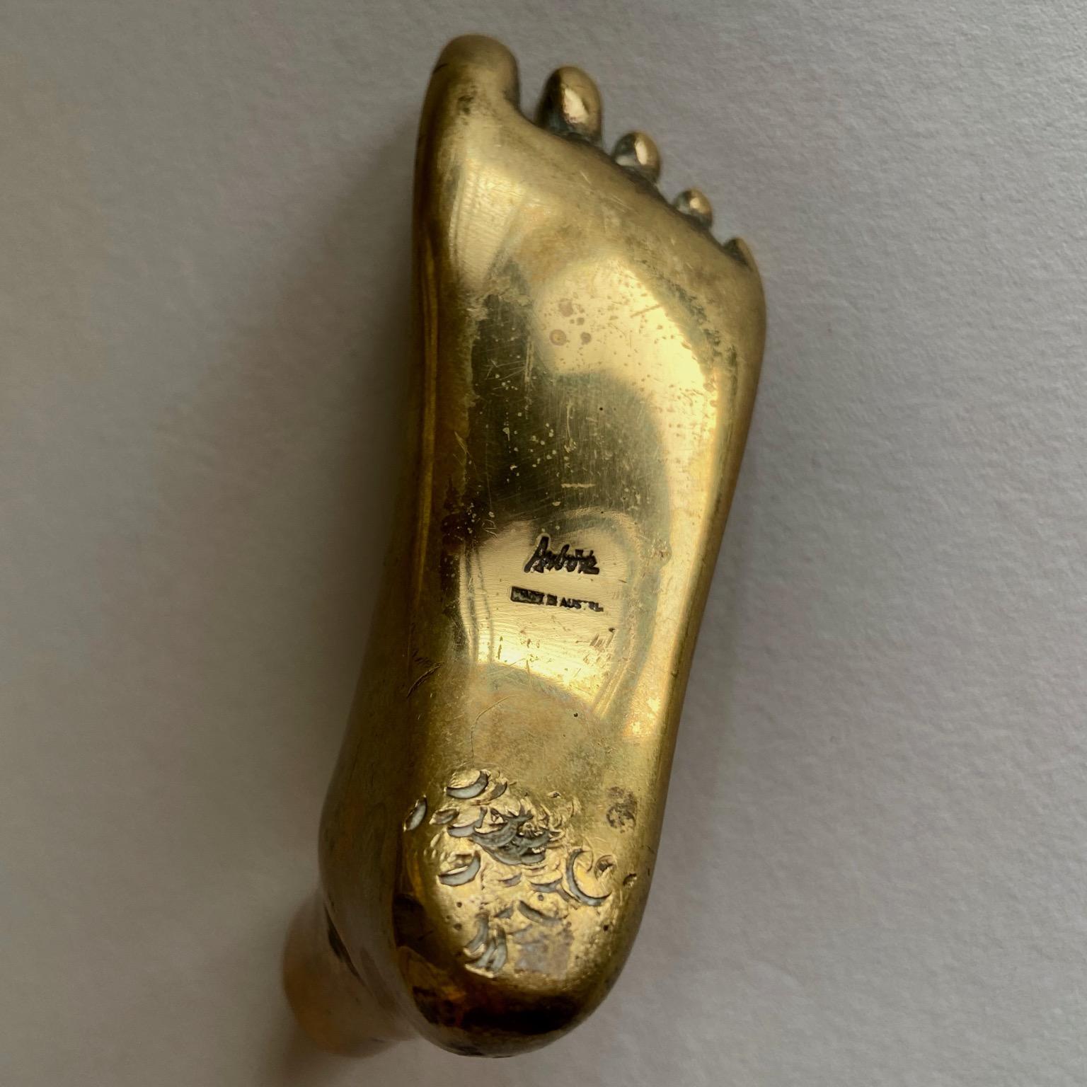 Mid-Century Modern Vintage Austrian Midcentury Brass Foot Paperweight Sculpture Signed Aubock