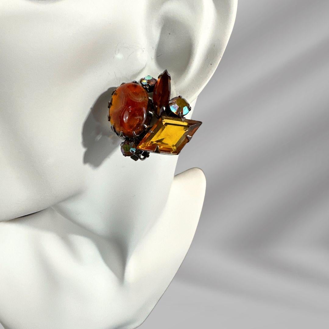 Vintage Austrian Orange Cut Glass & Rhinestone Earring Orange In Excellent Condition For Sale In Jacksonville, FL