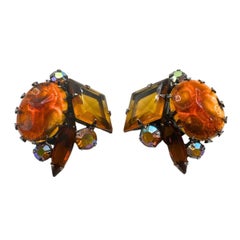 Vintage Austrian Orange Cut Glass & Rhinestone Earring Orange