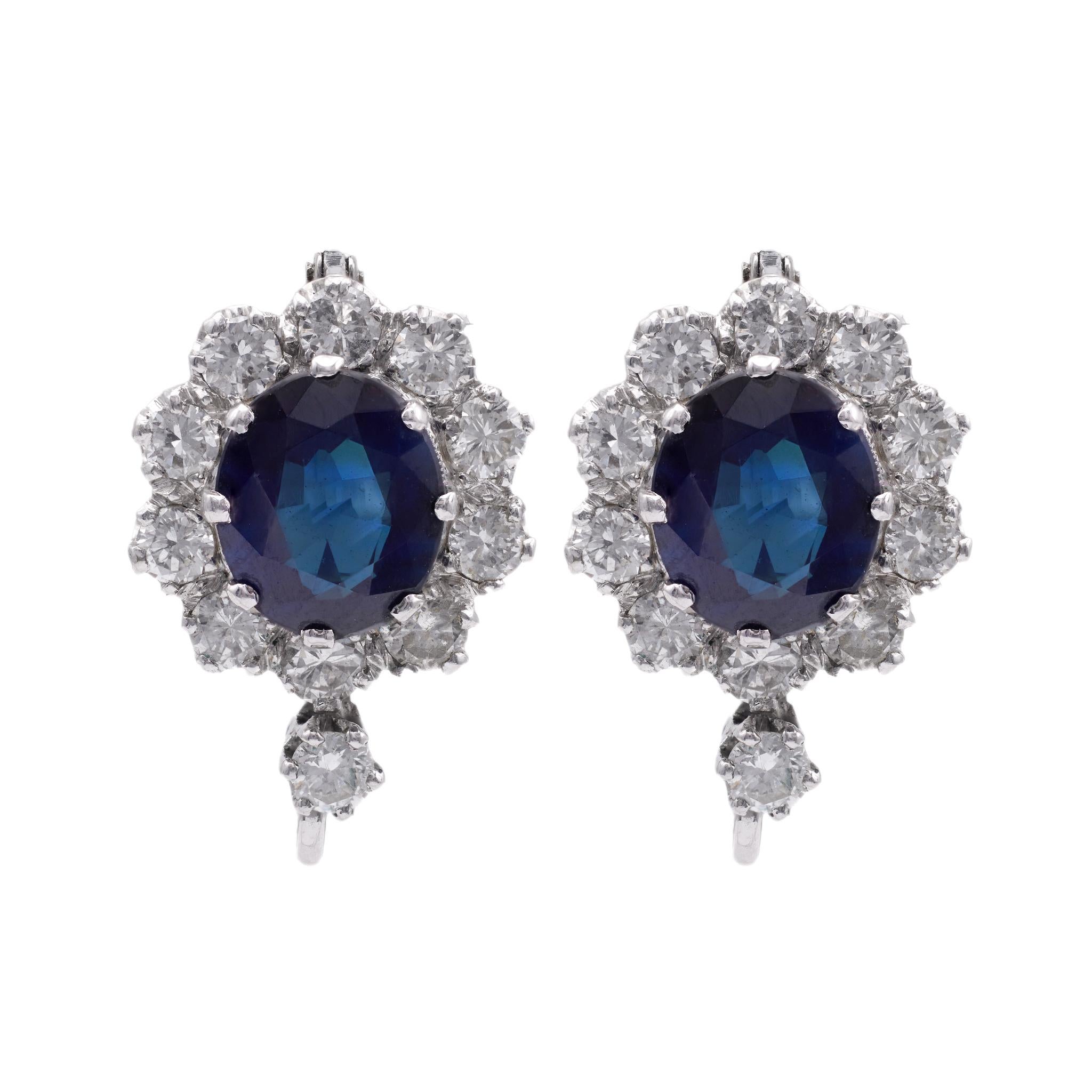 Vintage Austrian Sapphire Diamond 18k White Gold Cluster Earrings