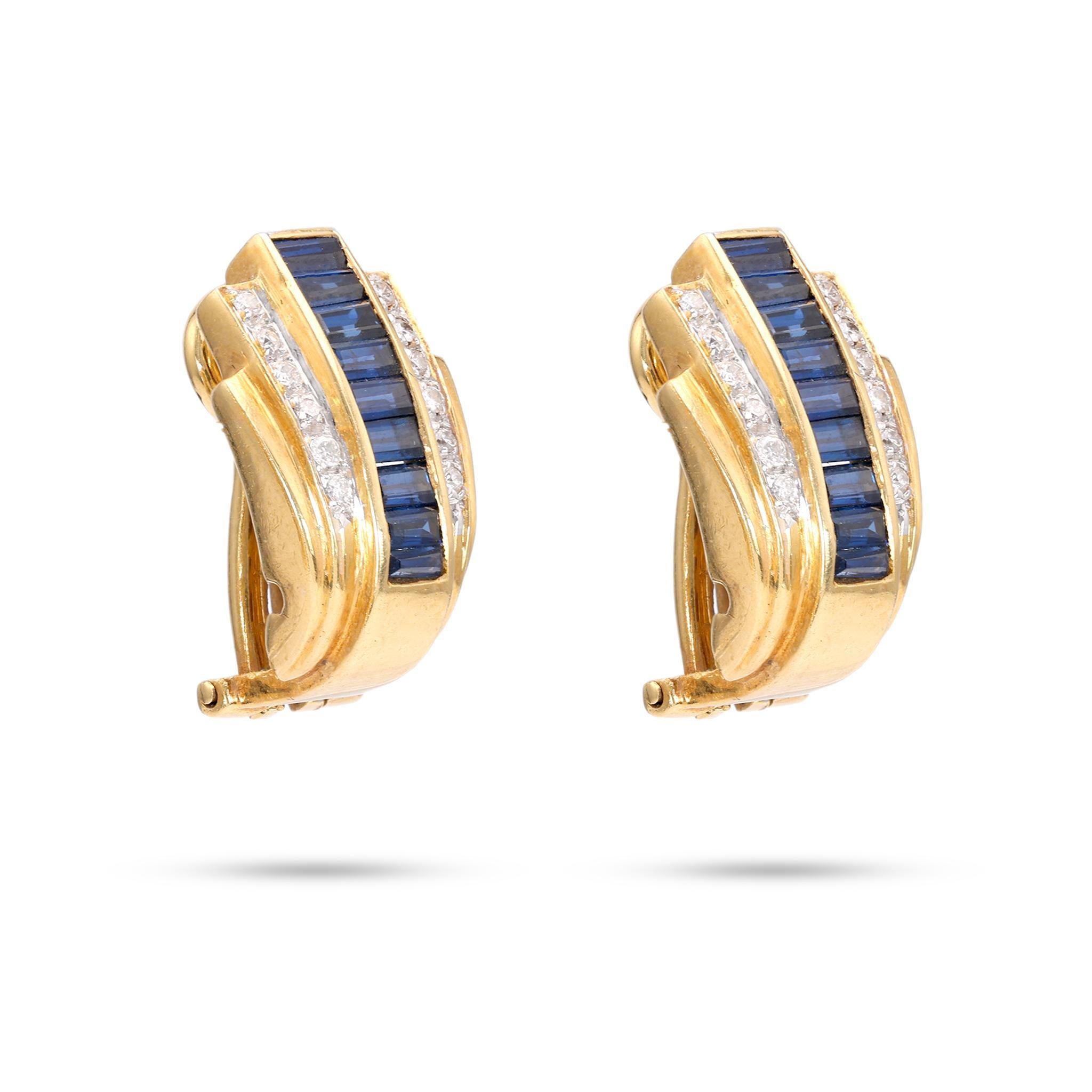 Ohrringe aus Gelbgold mit österreichischem Saphir und Diamant (Baguetteschliff)