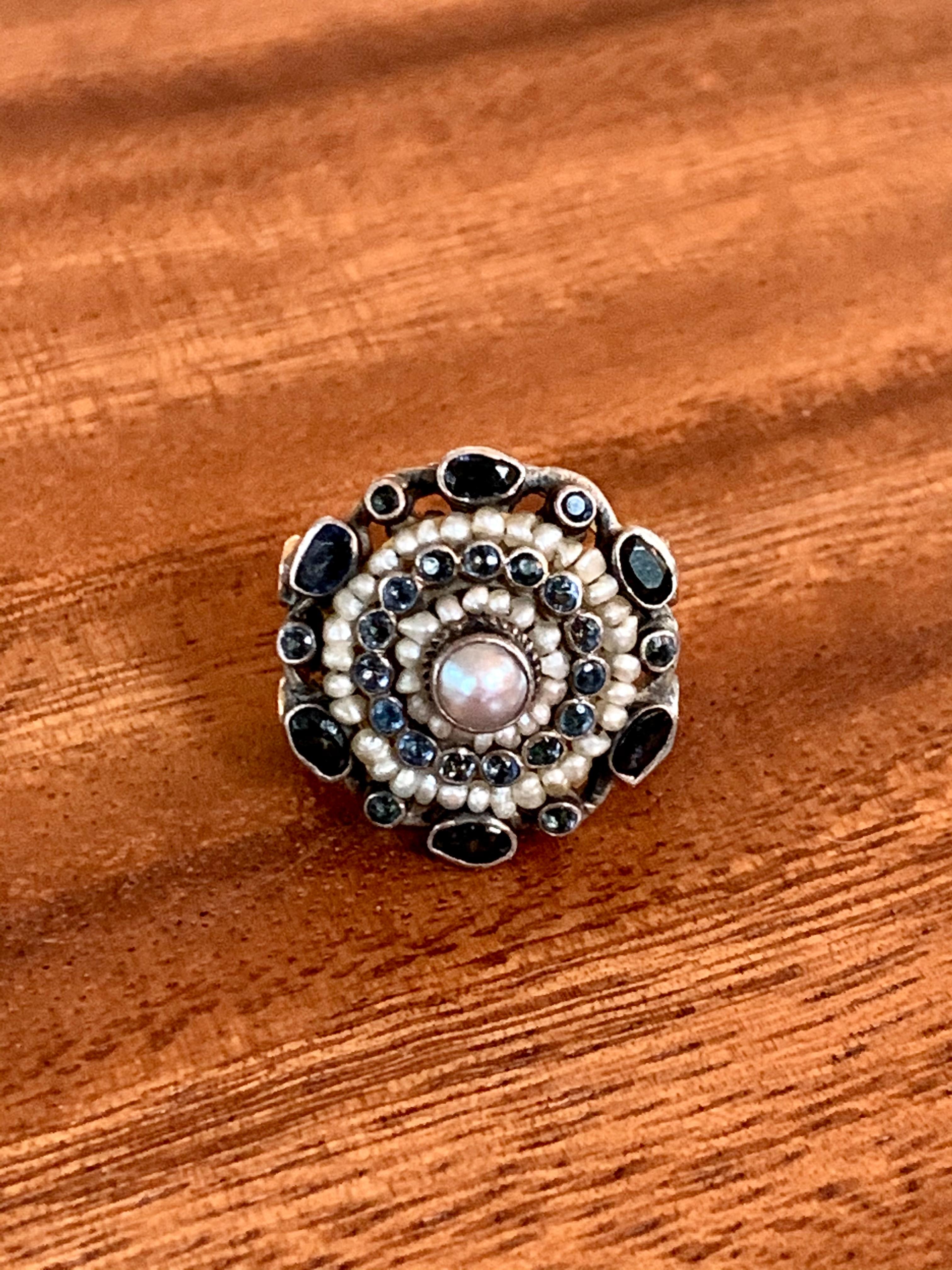 Round Cut Vintage Austro-Hungarian Sapphire, Pearl and Glass Sterling and 14k Gold Ring For Sale