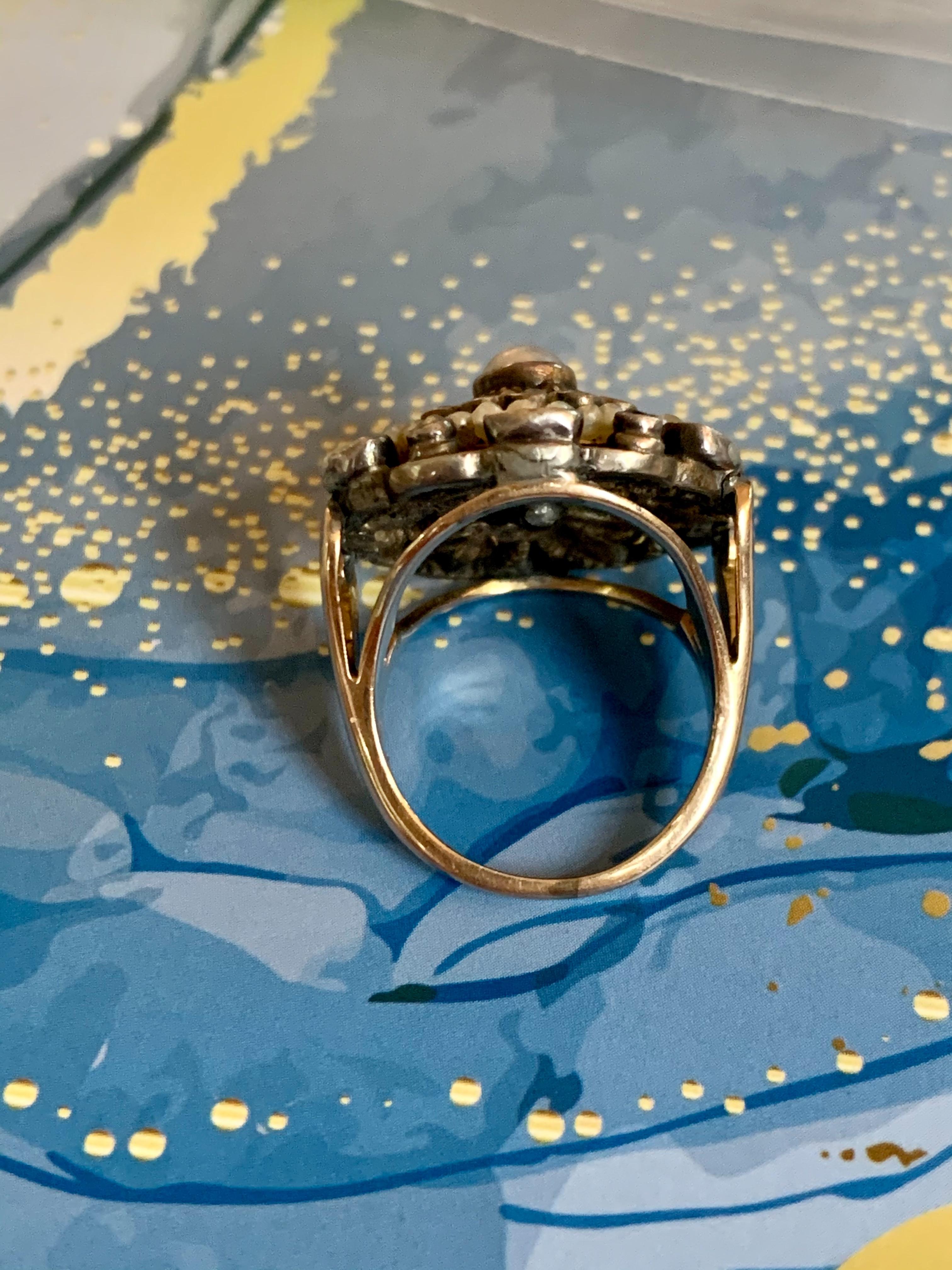Vintage Austro-Hungarian Sapphire, Pearl and Glass Sterling and 14k Gold Ring In Excellent Condition For Sale In St. Louis Park, MN