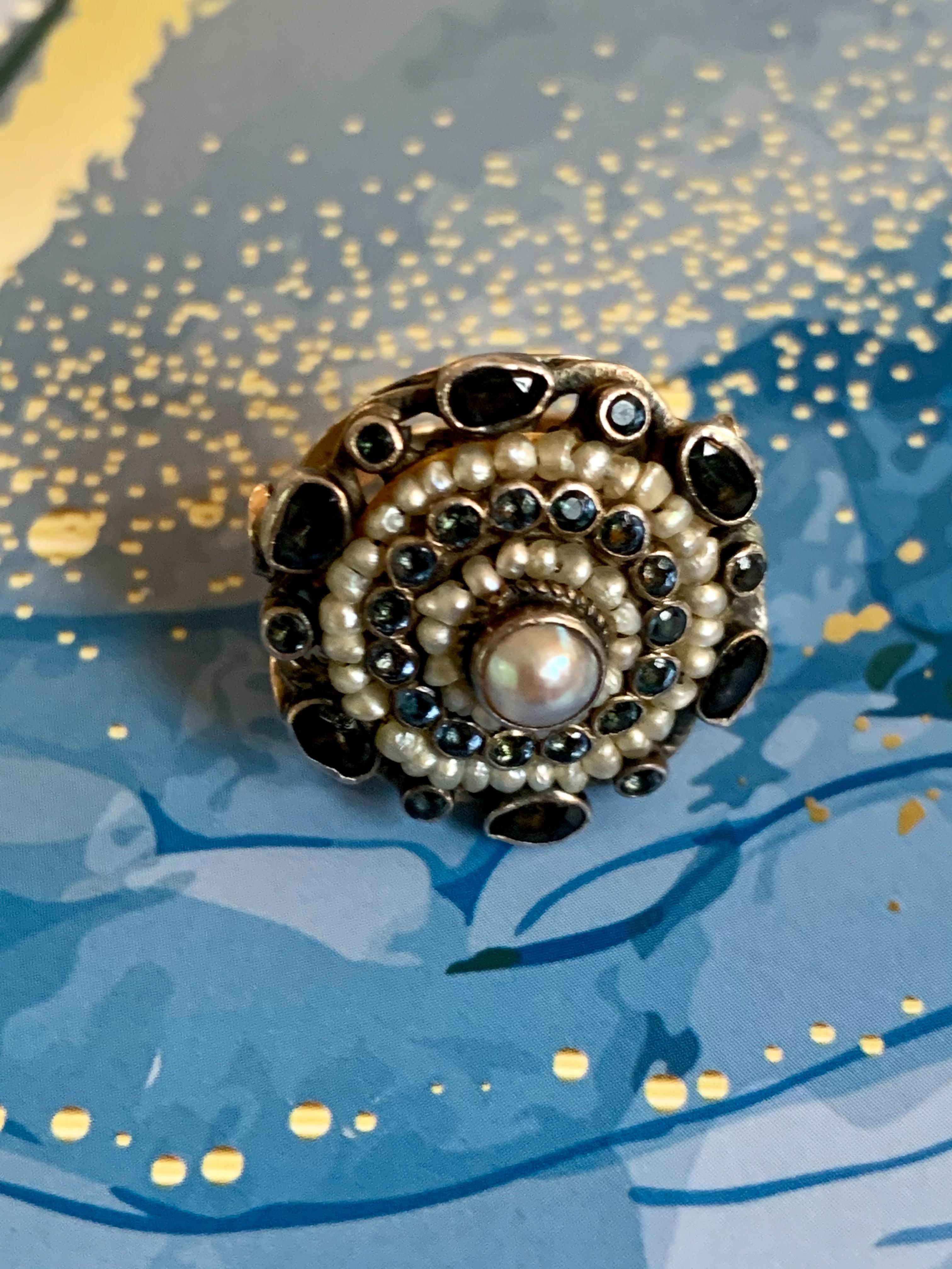 Women's Vintage Austro-Hungarian Sapphire, Pearl and Glass Sterling and 14k Gold Ring For Sale