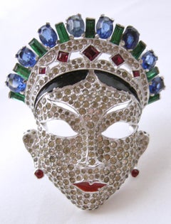 Vintage Authentic Book Piece Mazer Crystal Masked Woman Brooch