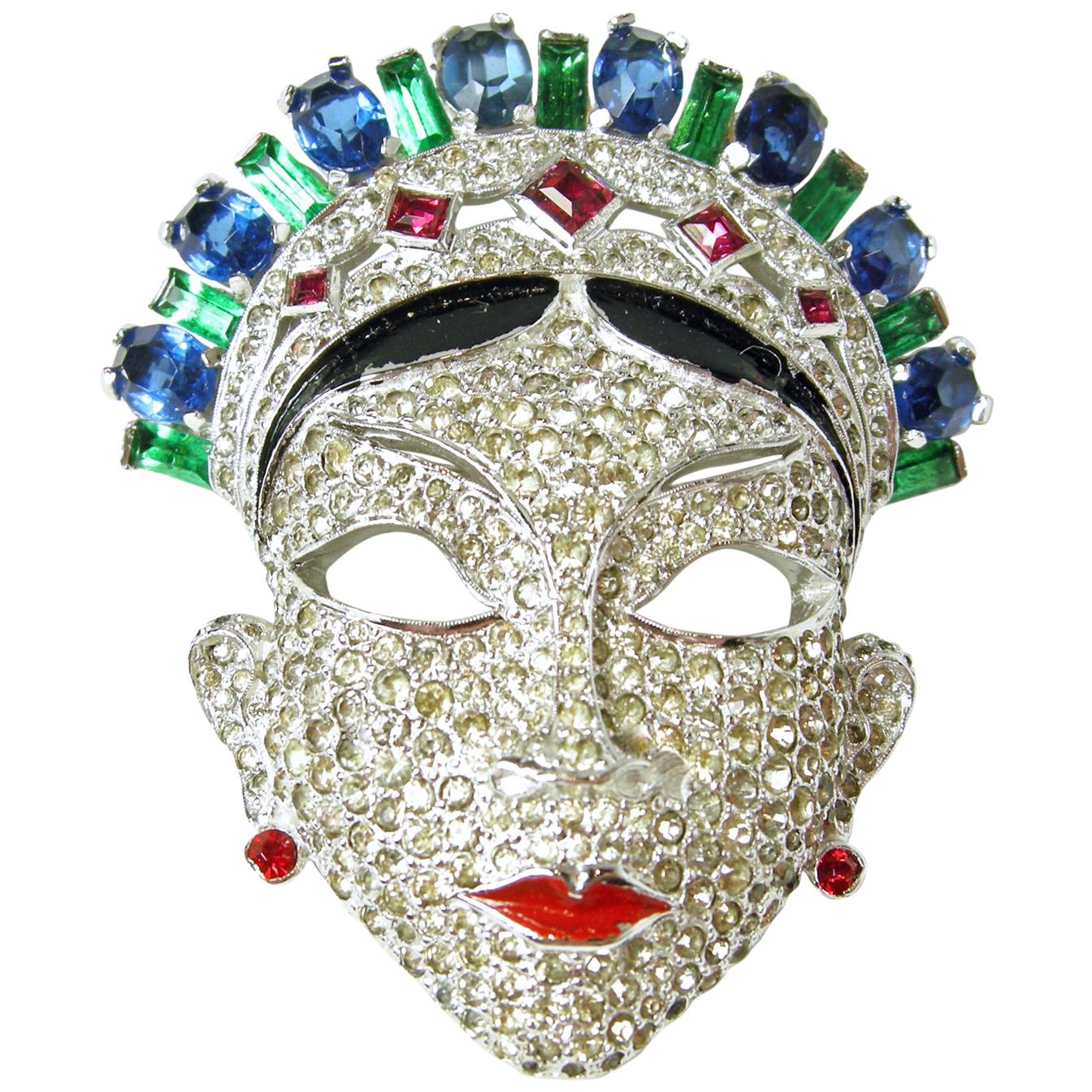 Vintage Authentic Book Piece Mazer Crystal Masked Woman Brooch For Sale