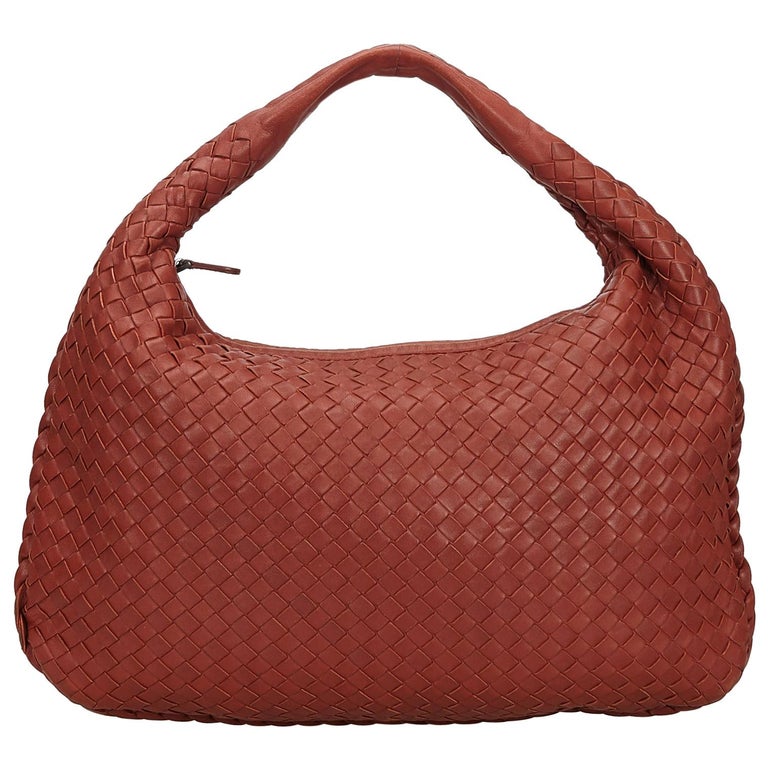 Vintage Authentic Bottega Veneta Red Leather Intrecciato Hobo Bag Italy ...