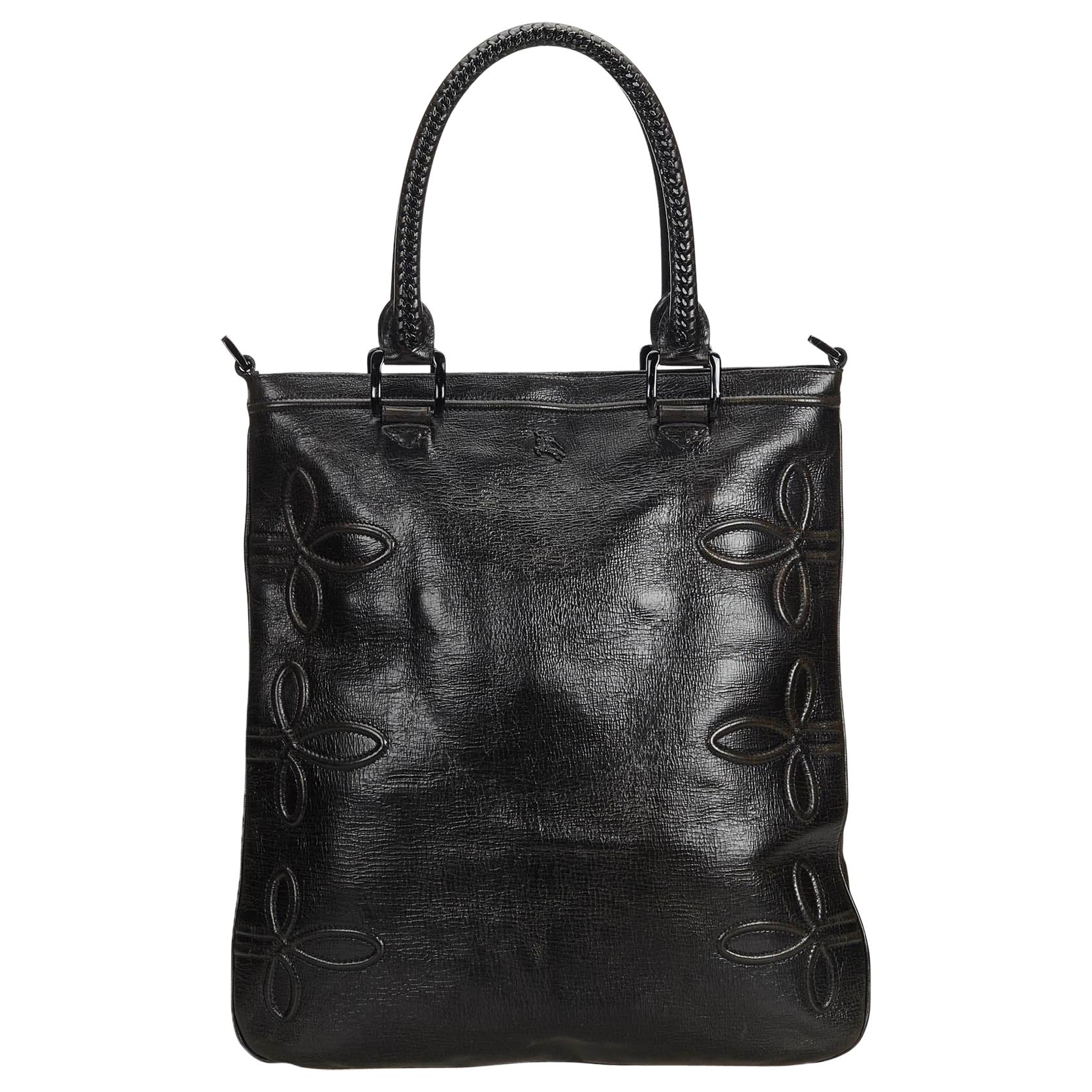 Vintage Authentic Burberry Black Leather Tote Bag United Kingdom LARGE  For Sale