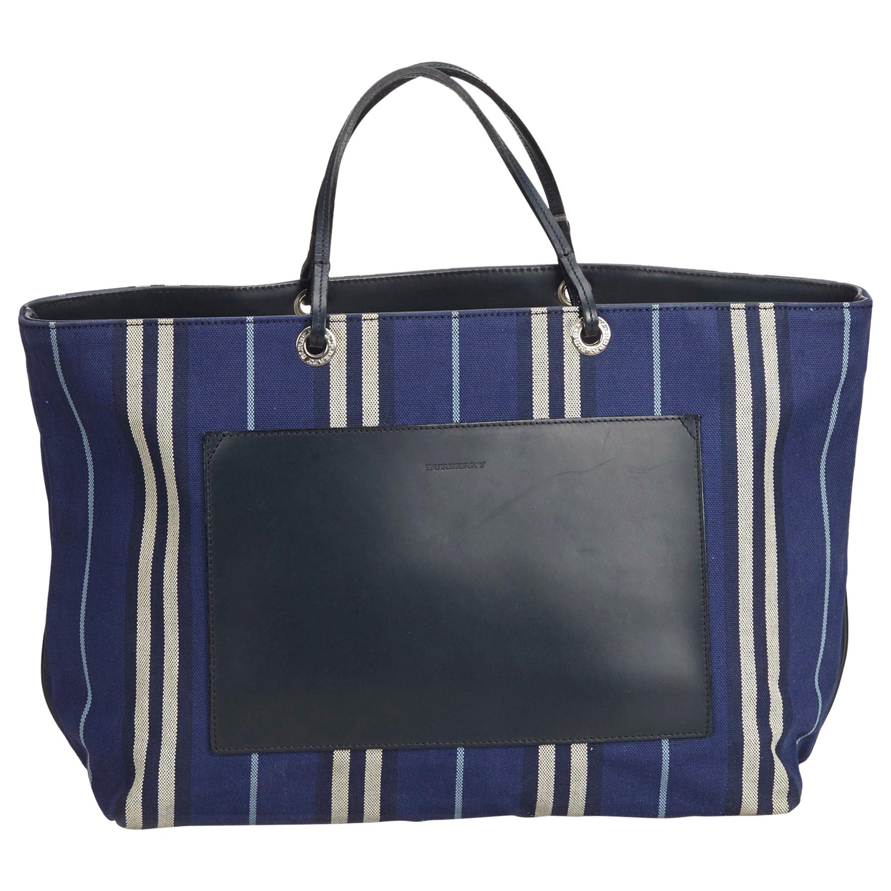 Vintage Authentic Burberry Blue Striped Tote United Kingdom LARGE  For Sale